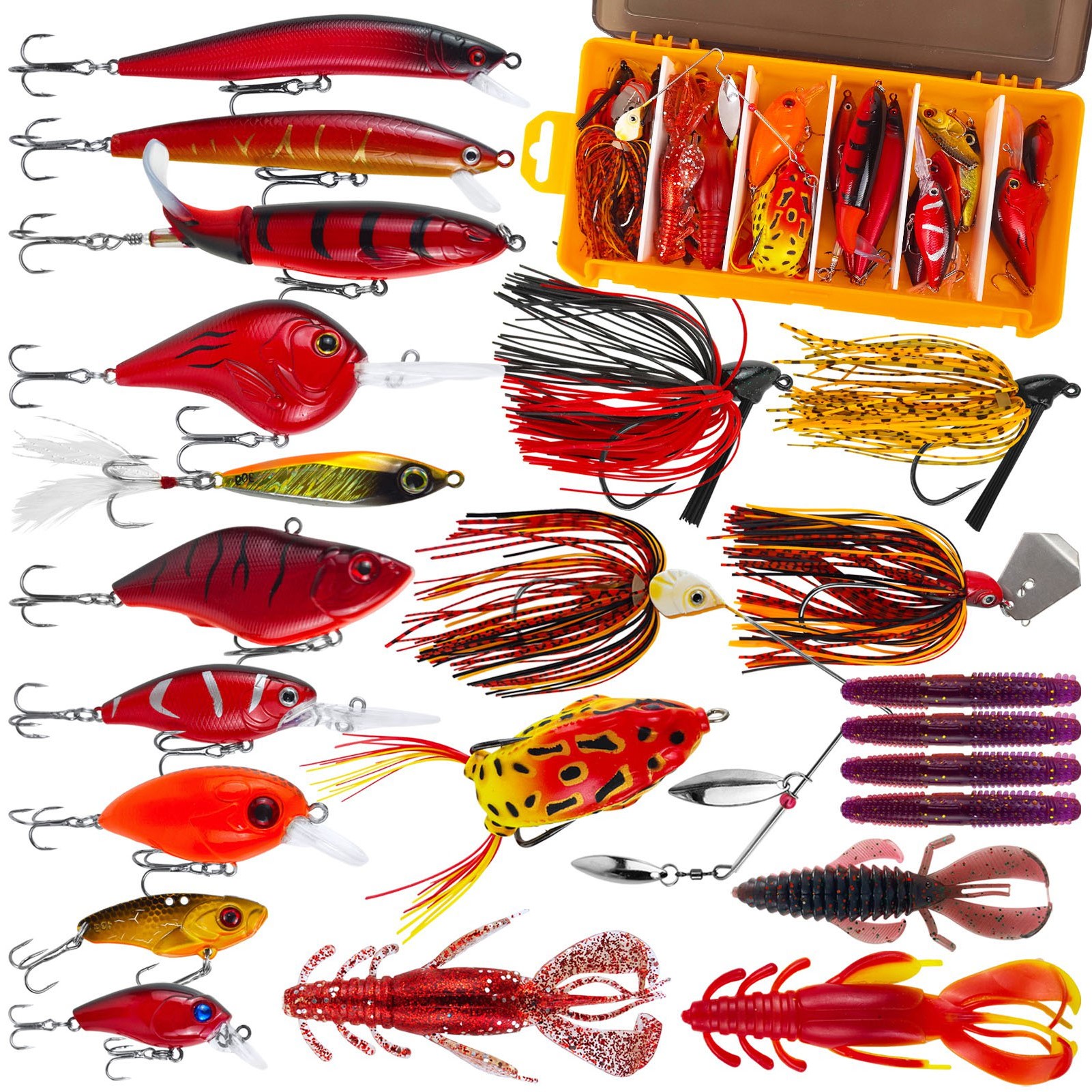 FREE FISHER Reds for Spring,Fishing Quality Lures Kit,22pcs/Box Crankbaits Soft Worm,Blade Spinnerbaits,Frogs Jig Head Buzz Bait 