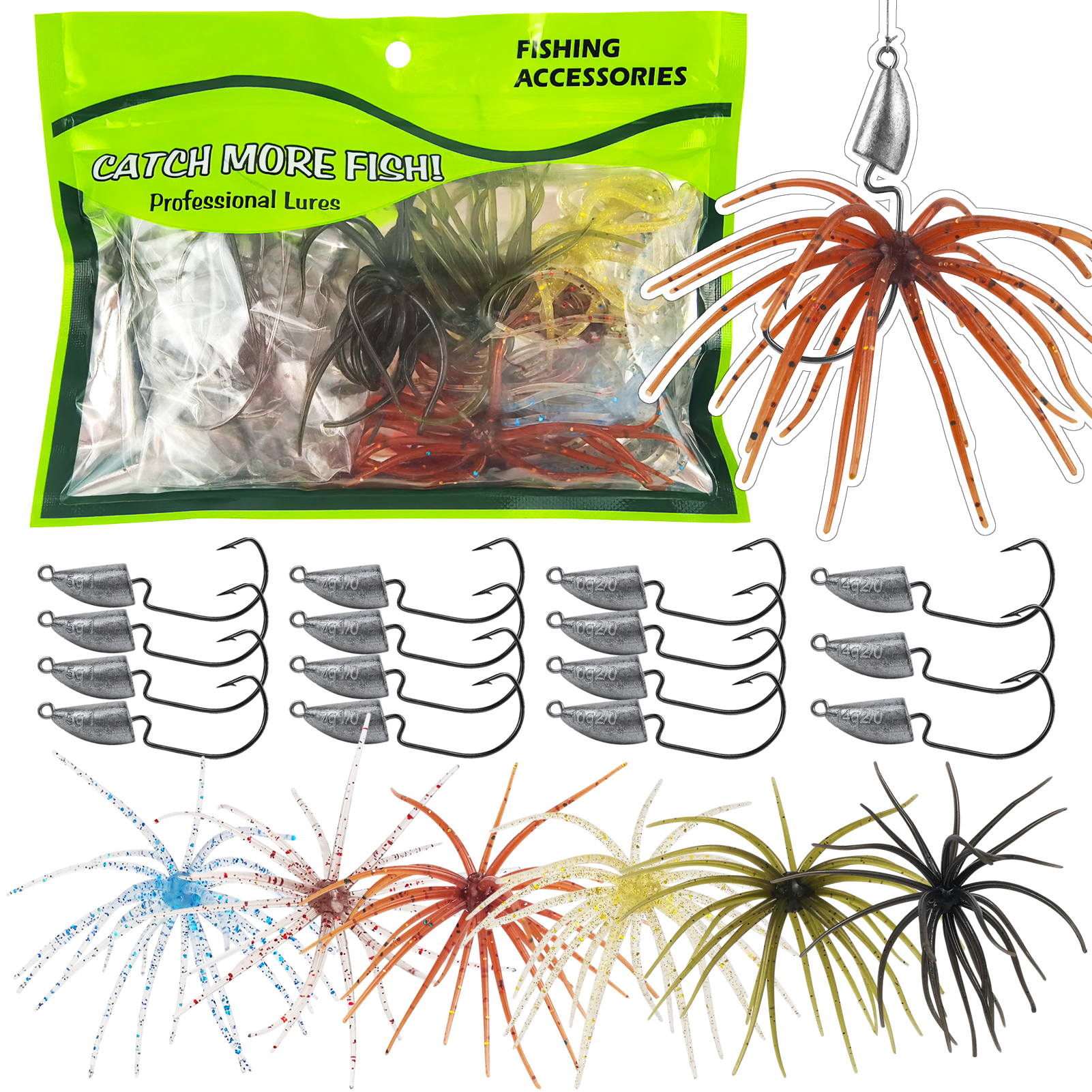 FREE FISHER Sea Urchin Bait with JIG Head Hooks Kit,9cm 2.8g Fishing Soft Creature Lures,Fishing Weights Crackhook Swimbaits Set