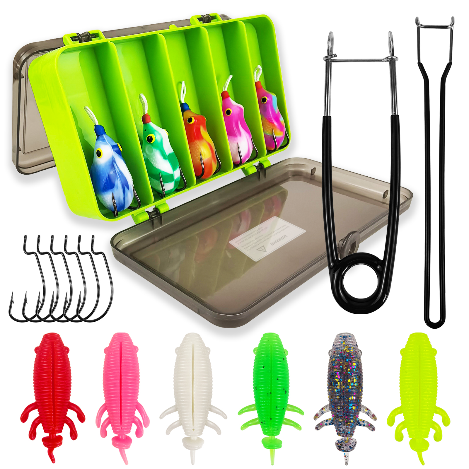 FREE FISHER 20pcs/Lot Thunder Frogs Kit,Topwater Soft Frog Baits Creature Lures,Offset Crankhooks with Fishing Tools Tackle Box