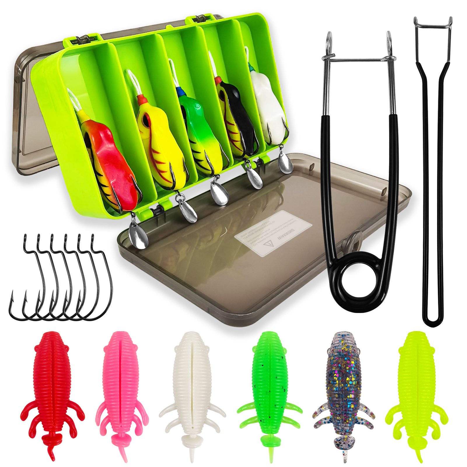 FREE FISHER 20pcs/Lot Thunder Frogs Kit,Topwater Soft Frog Baits Creature Lures,Offset Crankhooks with Fishing Tools Tackle Box