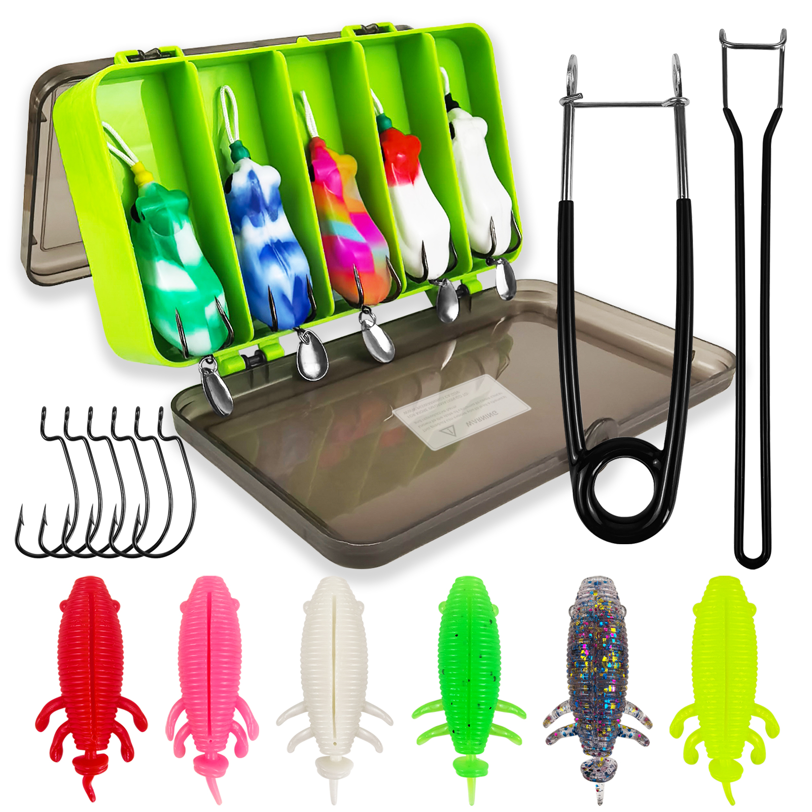 FREE FISHER 20pcs/Lot Thunder Frogs Kit,Topwater Soft Frog Baits Creature Lures,Offset Crankhooks with Fishing Tools Tackle Box