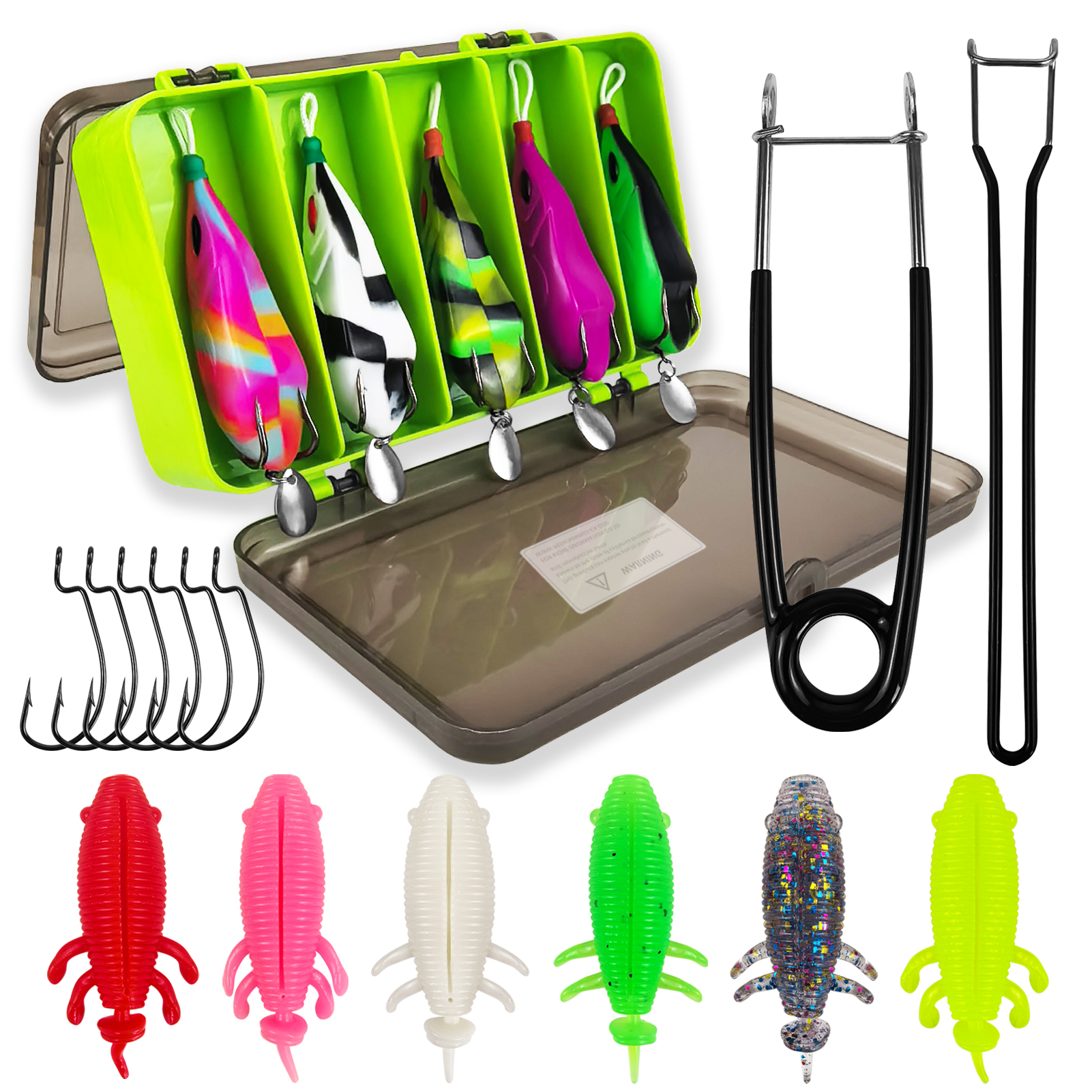 FREE FISHER 20pcs/Lot Thunder Frogs Kit,Topwater Soft Frog Baits Creature Lures,Offset Crankhooks with Fishing Tools Tackle Box