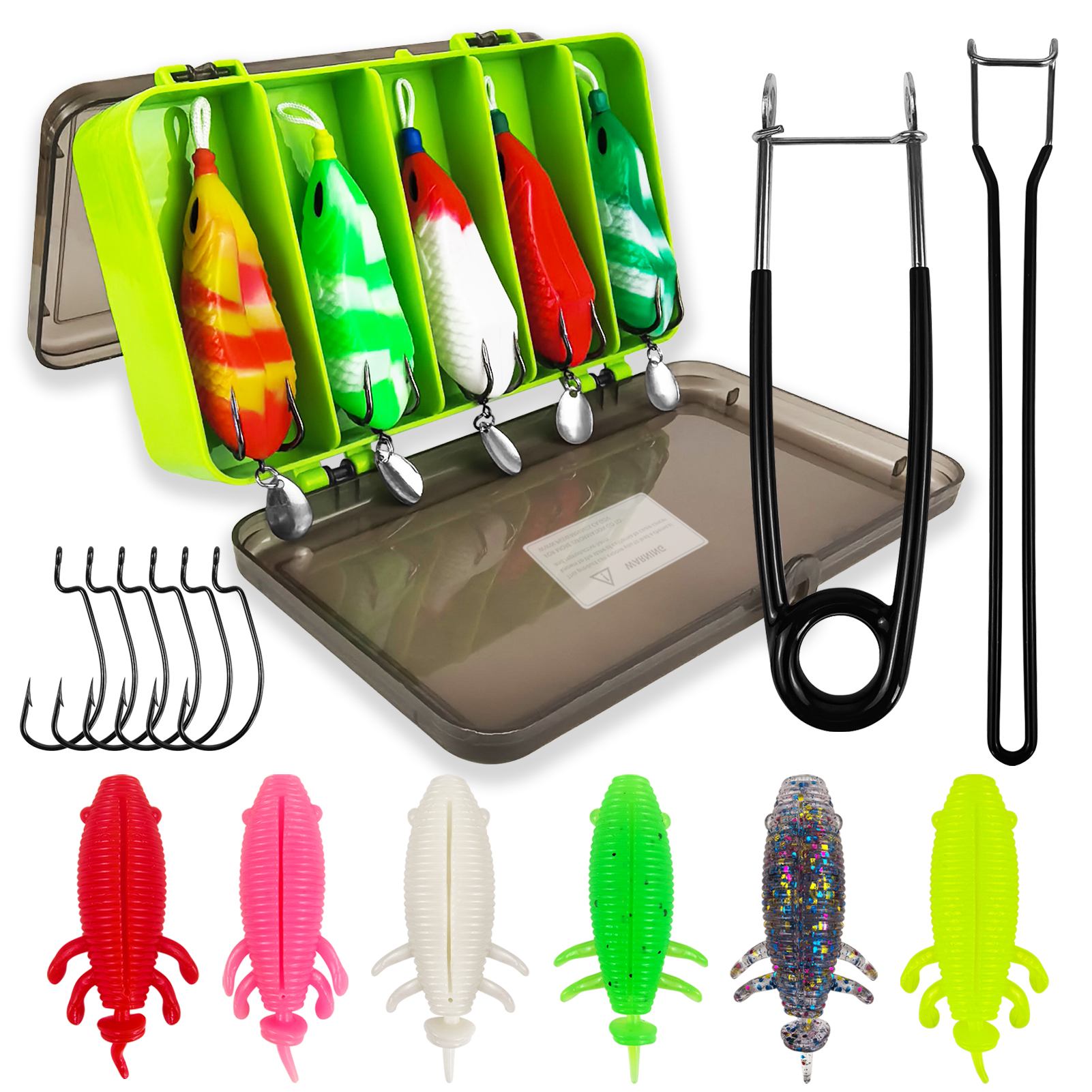 FREE FISHER 20pcs/Lot Thunder Frogs Kit,Topwater Soft Frog Baits Creature Lures,Offset Crankhooks with Fishing Tools Tackle Box