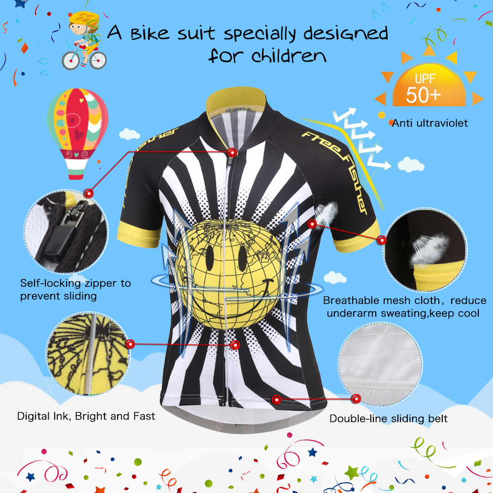 FREE FISHER Children's Cycling Jersey Set Short Sleeve Quick-dry Tops with 3D Padded Shorts Cartoon Print Breathable Boys Bike Wear