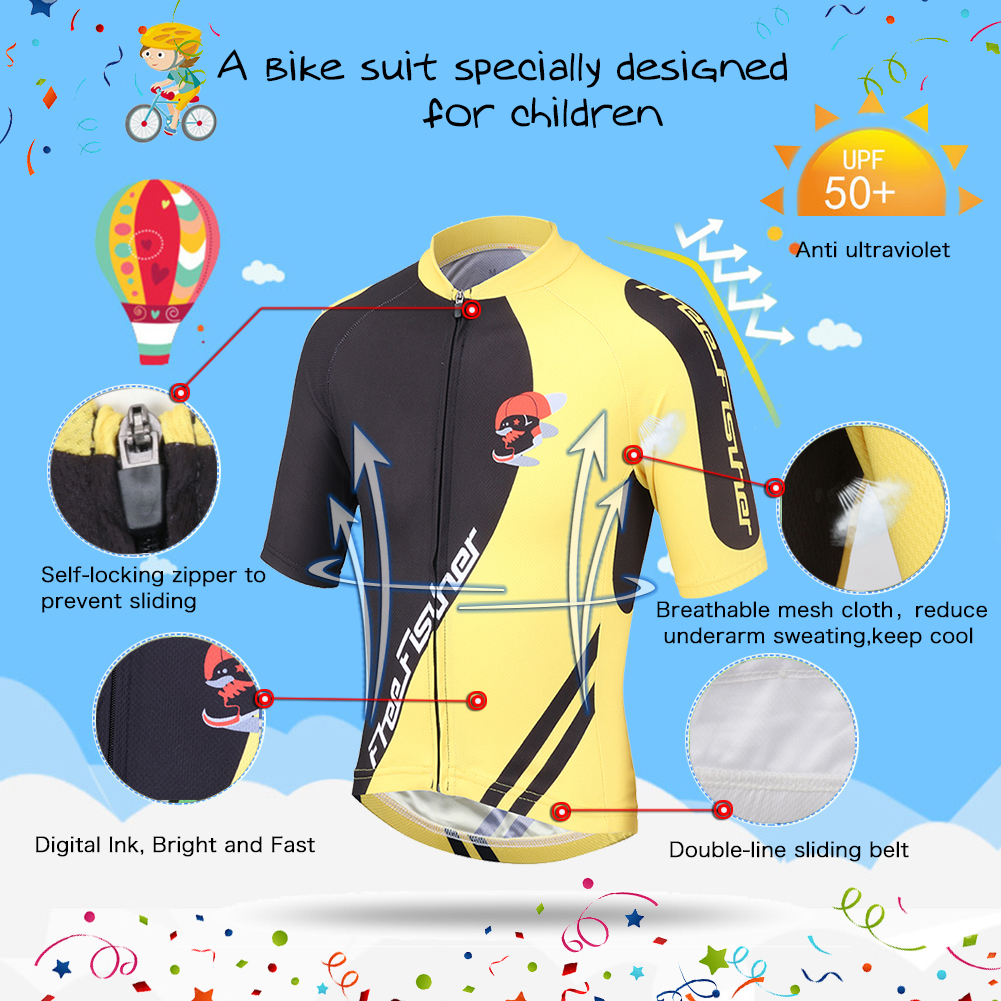 FREE FISHER Boys Bike Wear Short Sleeve Quick-dry Tops with 3D Padded Shorts Breathable Children's Cycling Jersey Kids Bicycle Set