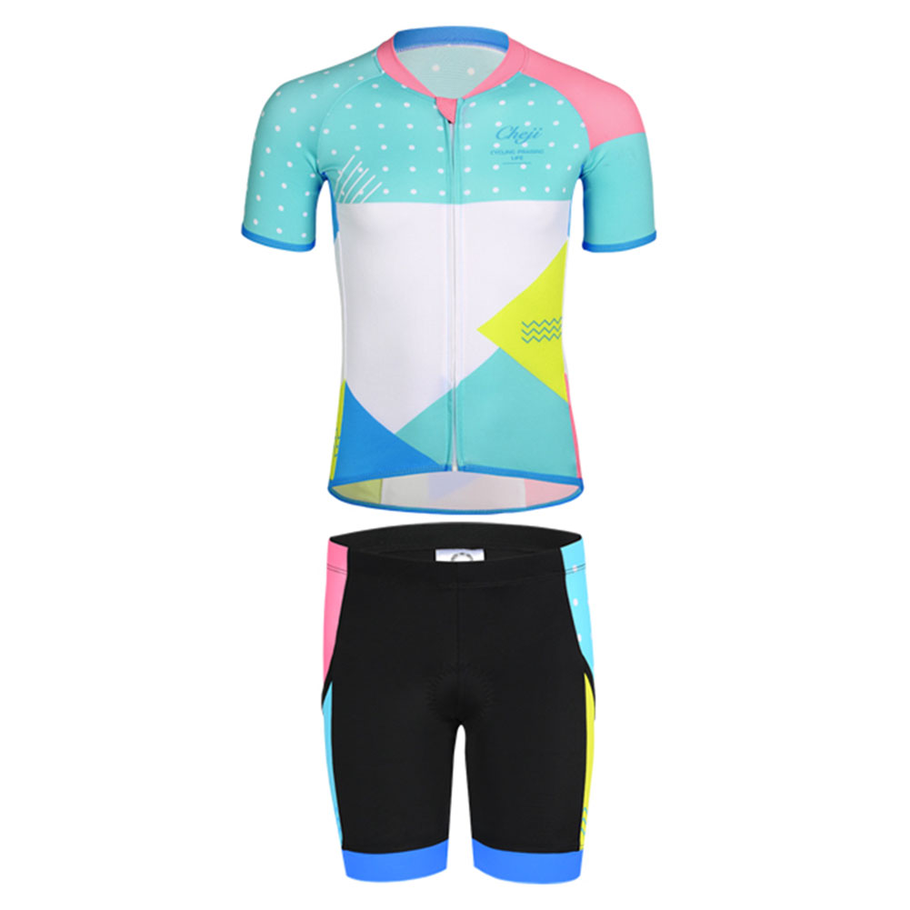 FREE FISHER Geometric Patterns Children's Cycling Suits Short Sleeve Quick-day Bicycle Jersey with Gel Pad Shorts MTB Road Riding Bike Wear