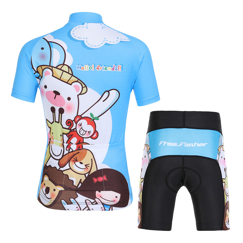 FREE FISHER Children's Cycling Suits Animals Print Short Sleeve Quick-day Bicycle Jersey with Gel Pad Shorts MTB Road Riding Bike Wear
