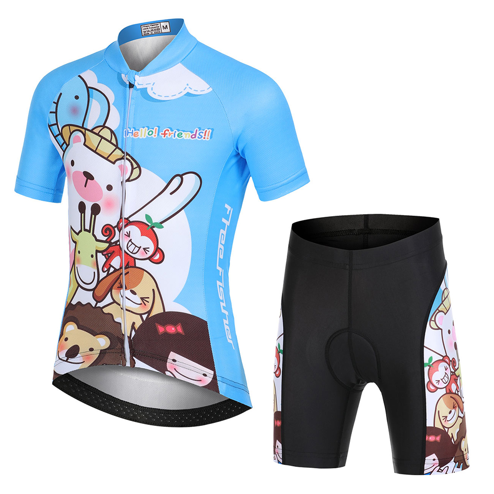 FREE FISHER Children's Cycling Suits Animals Print Short Sleeve Quick-day Bicycle Jersey with Gel Pad Shorts MTB Road Riding Bike Wear