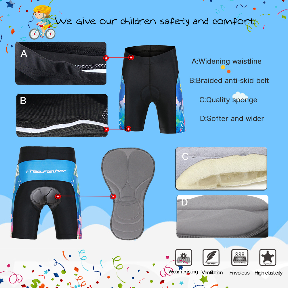 FREE FISHER Cartoon Children's Cycling Jersey Suit Short Sleeve Quick-day Bicycle Tops with Gel Pad Shorts MTB Road Riding Bike Wear