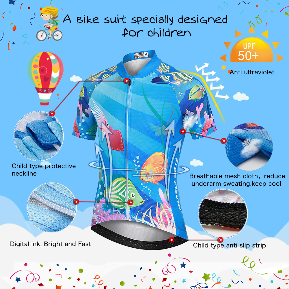 FREE FISHER Cartoon Children's Cycling Jersey Suit Short Sleeve Quick-day Bicycle Tops with Gel Pad Shorts MTB Road Riding Bike Wear