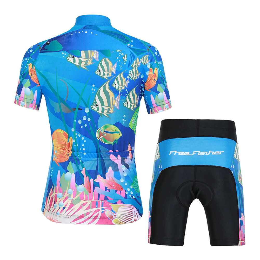 FREE FISHER Cartoon Children's Cycling Jersey Suit Short Sleeve Quick-day Bicycle Tops with Gel Pad Shorts MTB Road Riding Bike Wear