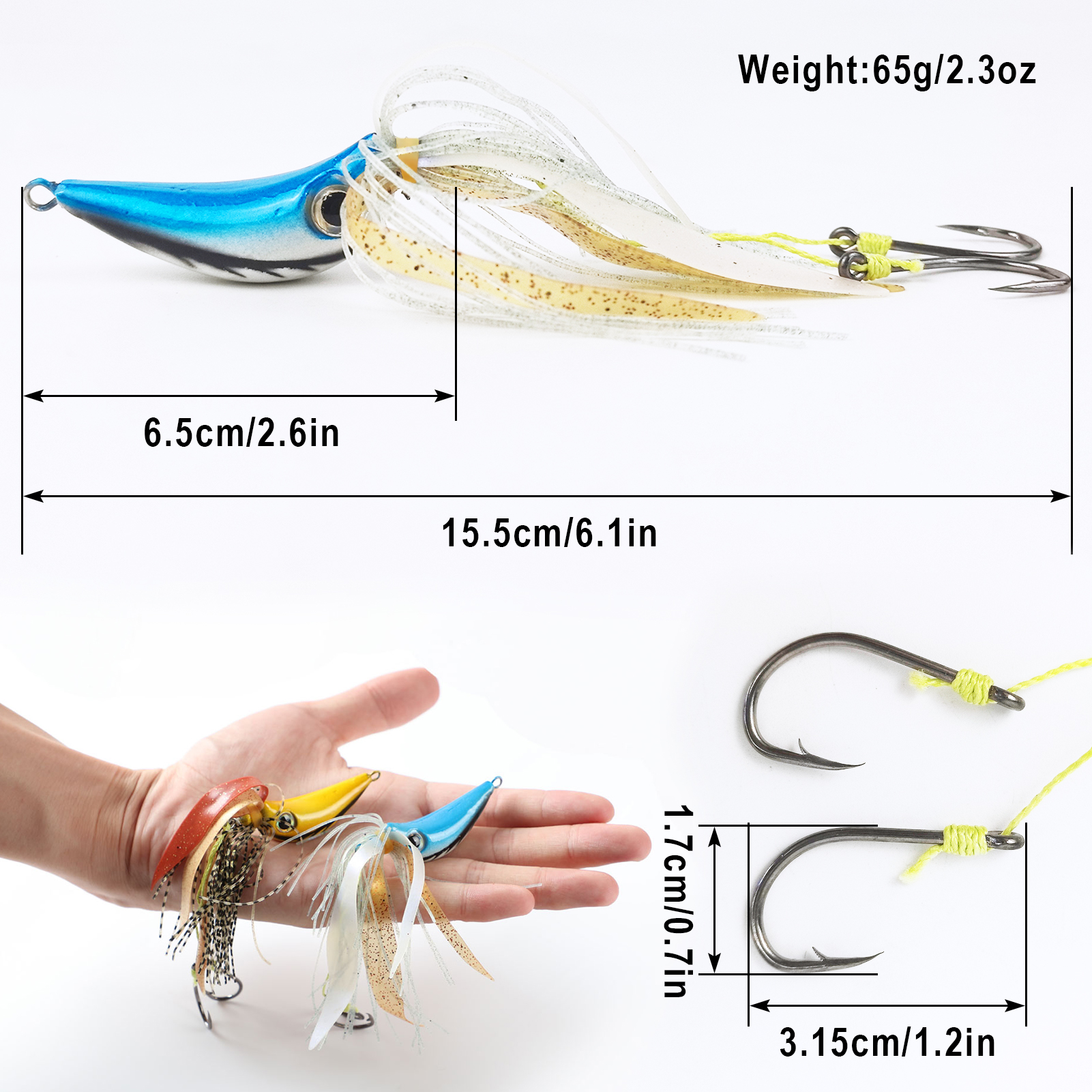FREE FISHER 2pcs/Lot Lead Head Hook Iron Plate Jigs with Double-Hook,6.5cm 65g Sea Fishing Lures,Rubber Skirts Sinking Baits 