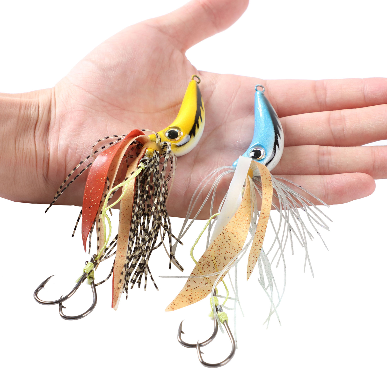 FREE FISHER 2pcs/Lot Lead Head Hook Iron Plate Jigs with Double-Hook,6.5cm 65g Sea Fishing Lures,Rubber Skirts Sinking Baits 
