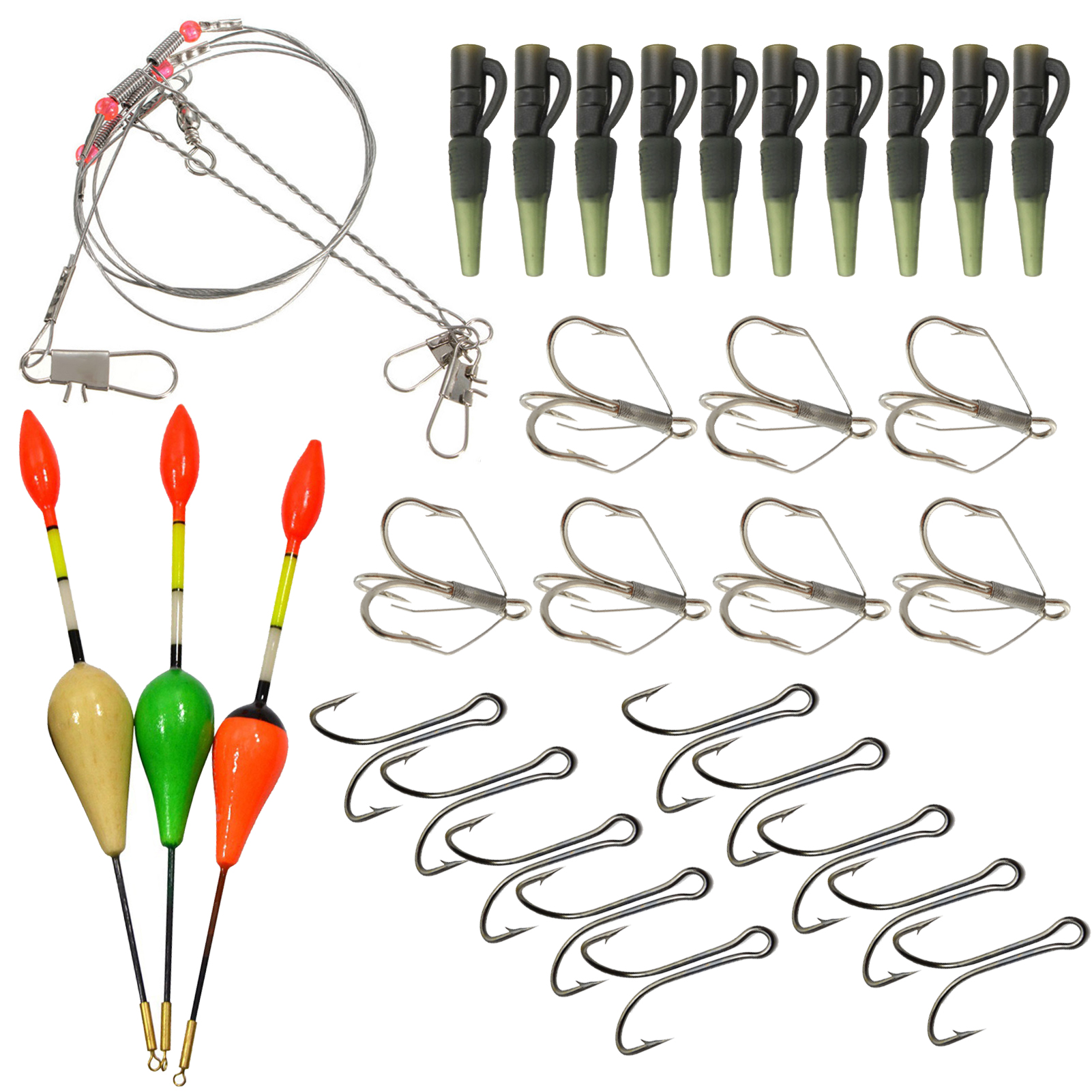 FREE FISHER 31pcs Carp Fishing Tackle Kit Weedless Treble Hooks 2-4g Wood Floats 3-Arm Steel Wire Double Fishhook Trolling Positioning Pin
