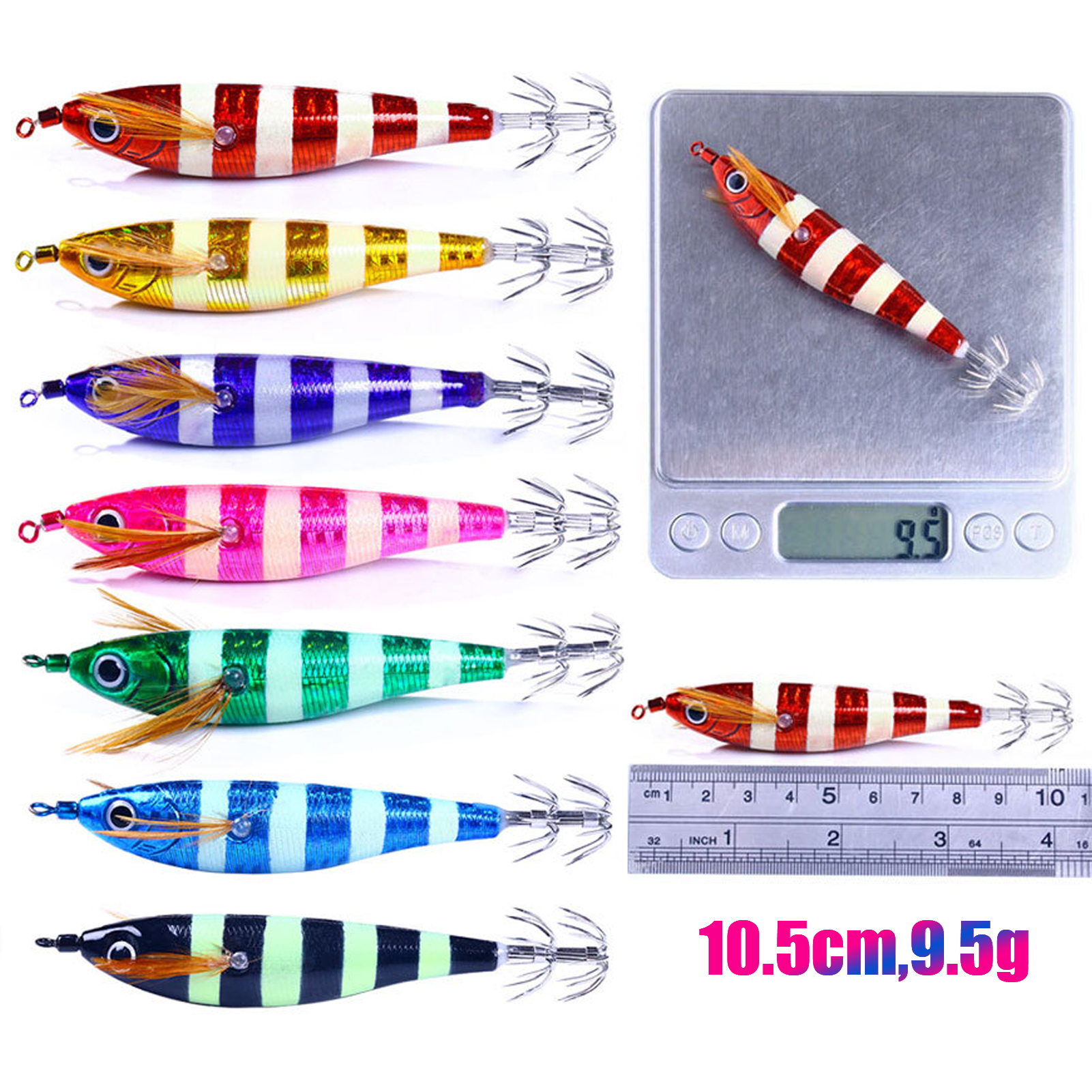7pcs/Lot Fishing Squid Jigs Lure 9.5g/0.33oz Simulation Wood Shrimps Squid Hooks Sea Fishing Cuttlefish Artificial Octopus Baits