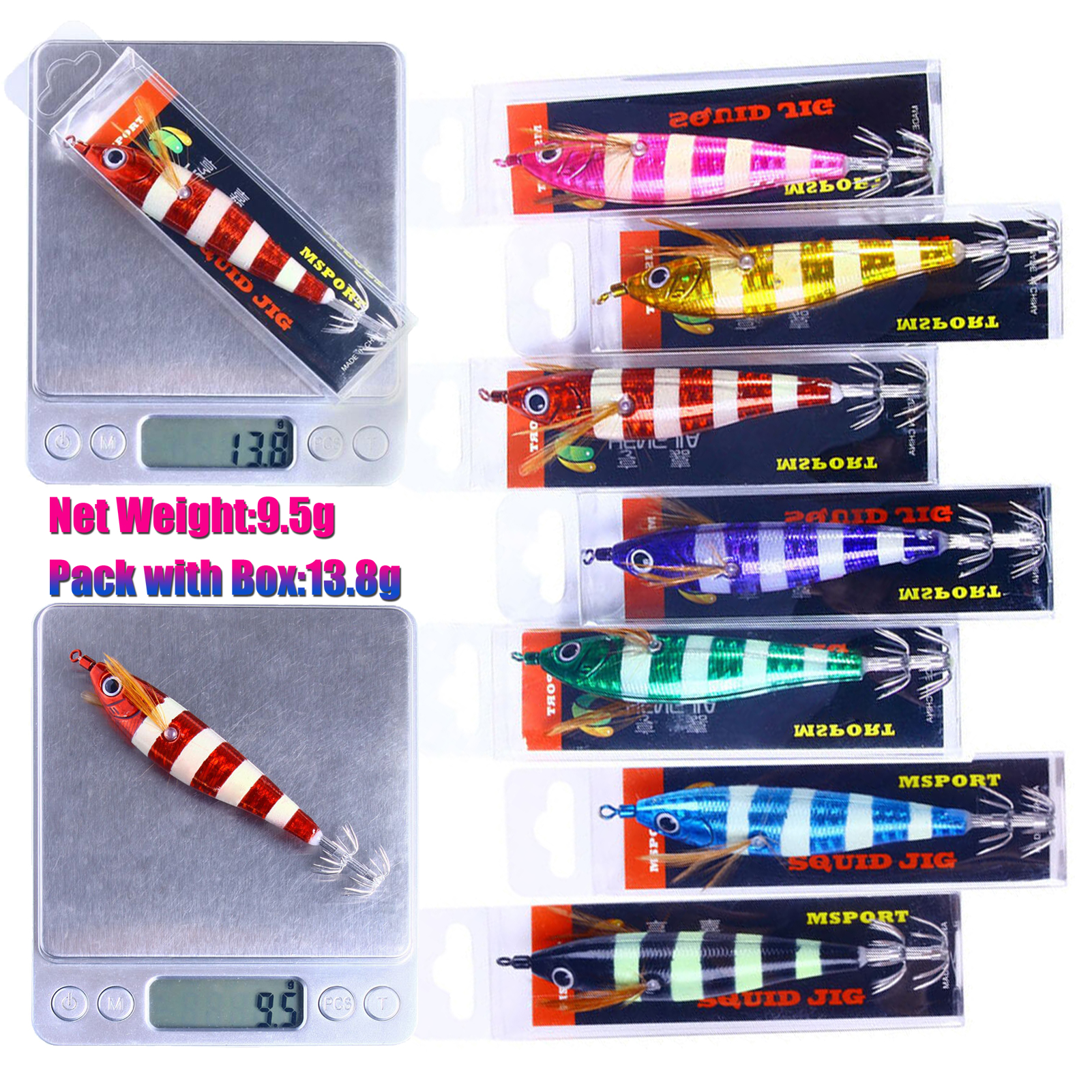 7pcs/Lot Fishing Squid Jigs Lure 9.5g/0.33oz Simulation Wood Shrimps Squid Hooks Sea Fishing Cuttlefish Artificial Octopus Baits