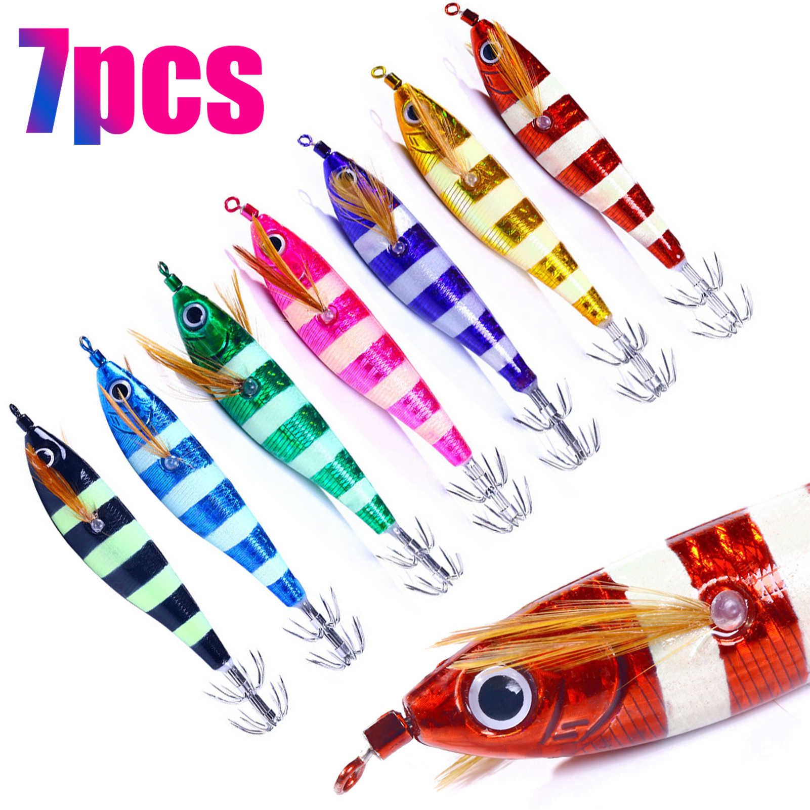 7pcs/Lot Fishing Squid Jigs Lure 9.5g/0.33oz Simulation Wood Shrimps Squid Hooks Sea Fishing Cuttlefish Artificial Octopus Baits