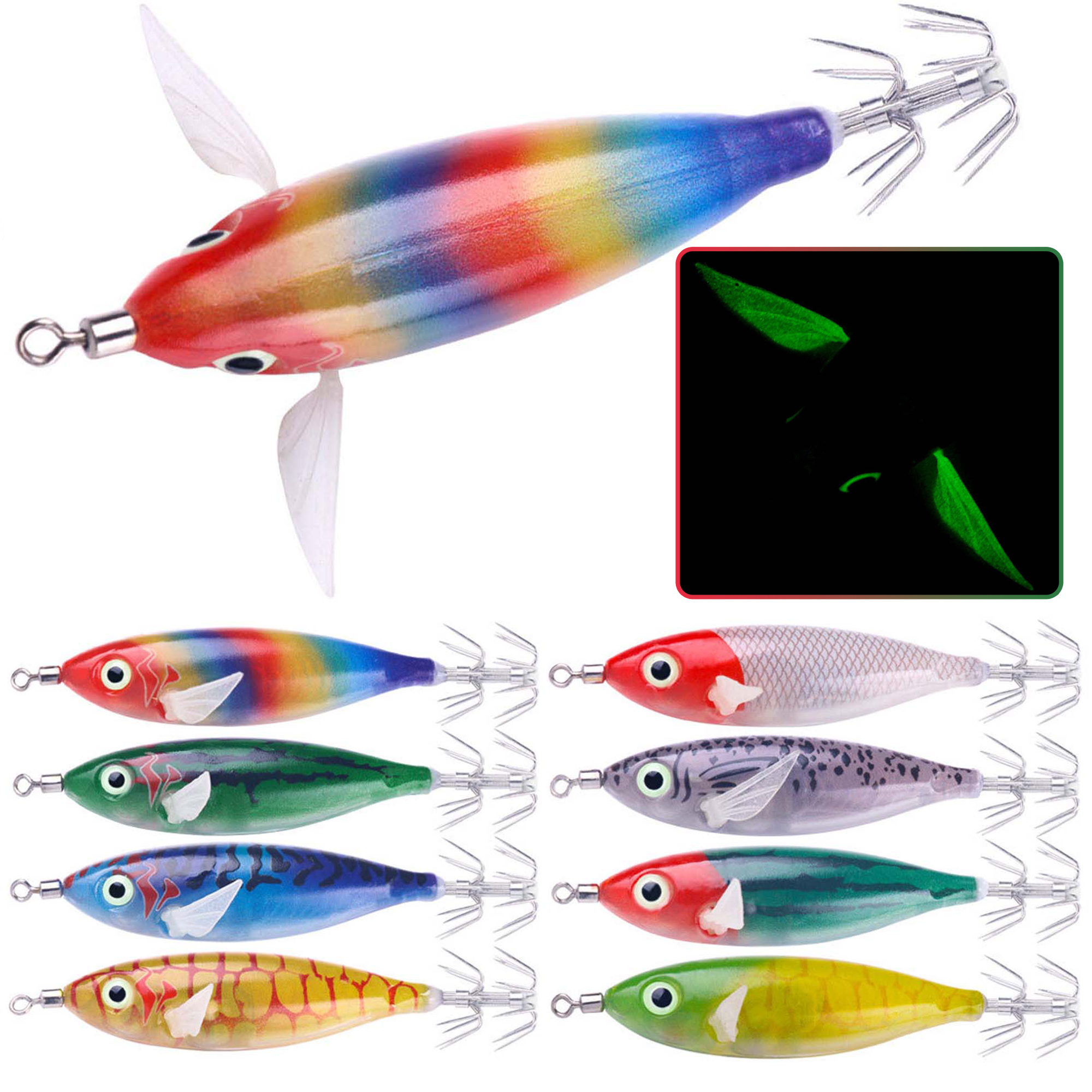 FREE FISHER 8pcs/Lot Fishing Squids 6g 8cm Luminous Octopus Cuttlefish Baits Sea Fishing Shrimps Lures for Saltwater Artificial Jig Hooks