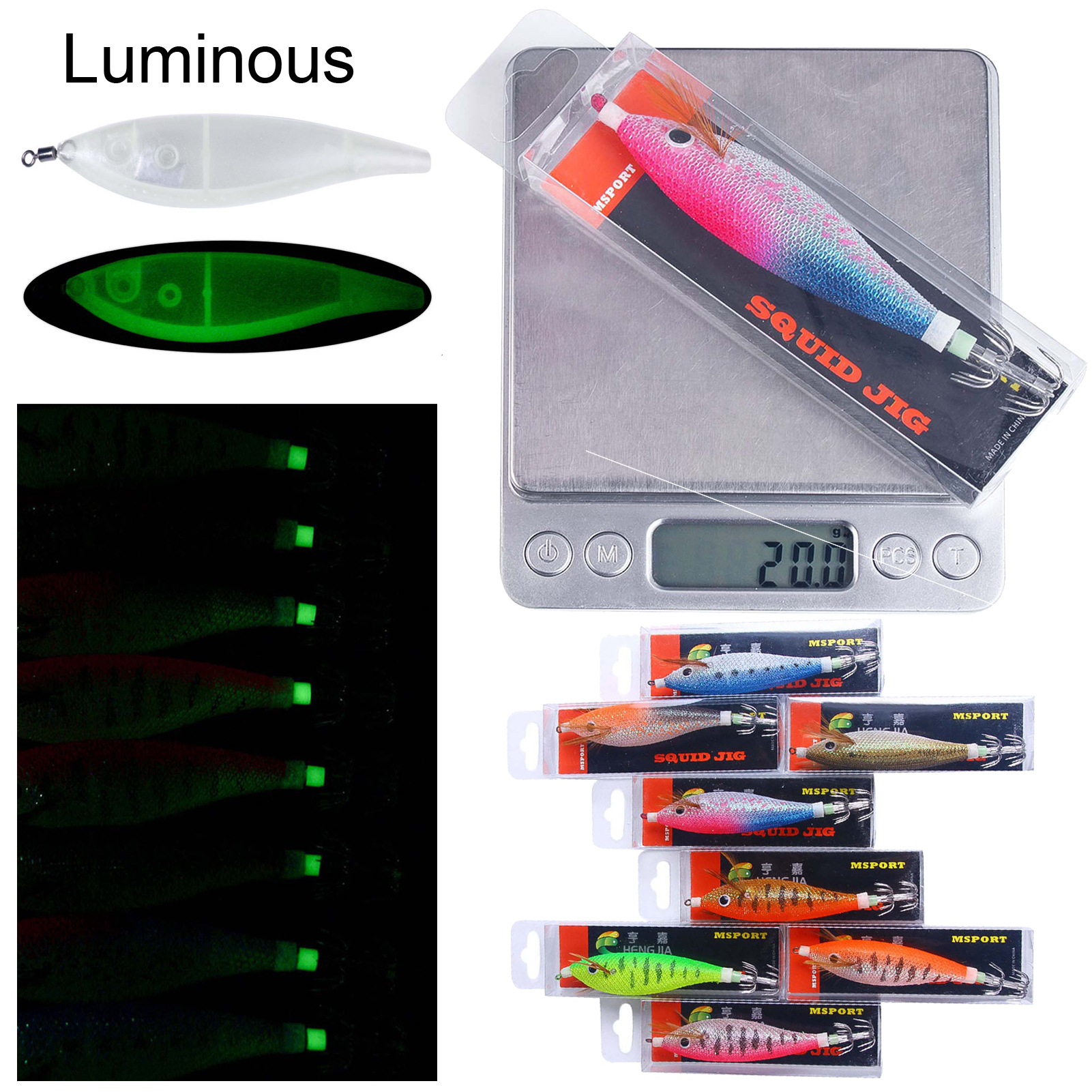 FREE FISHER Fishing Cuttlefish Baits 11cm/4.3in 13g/0.45oz Squid Jigs Luminous Octopus Artificial Jigging Lures for Sea Fishing Wood Shrimps