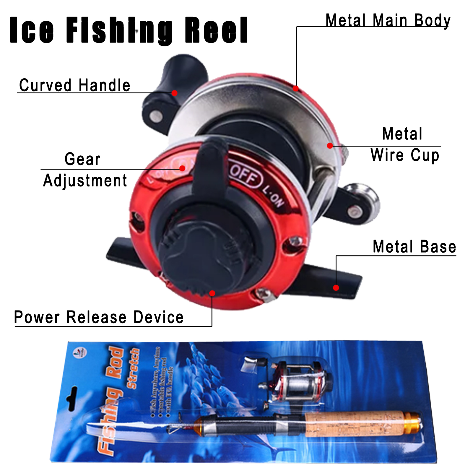 FREE FISHER Ice Fishing Rod Reel Combo with 113pcs Ice Fishing Hooks Jig Head Fishhook Soft Shrimp Bug Lures VIB Baits for Winter Fishing