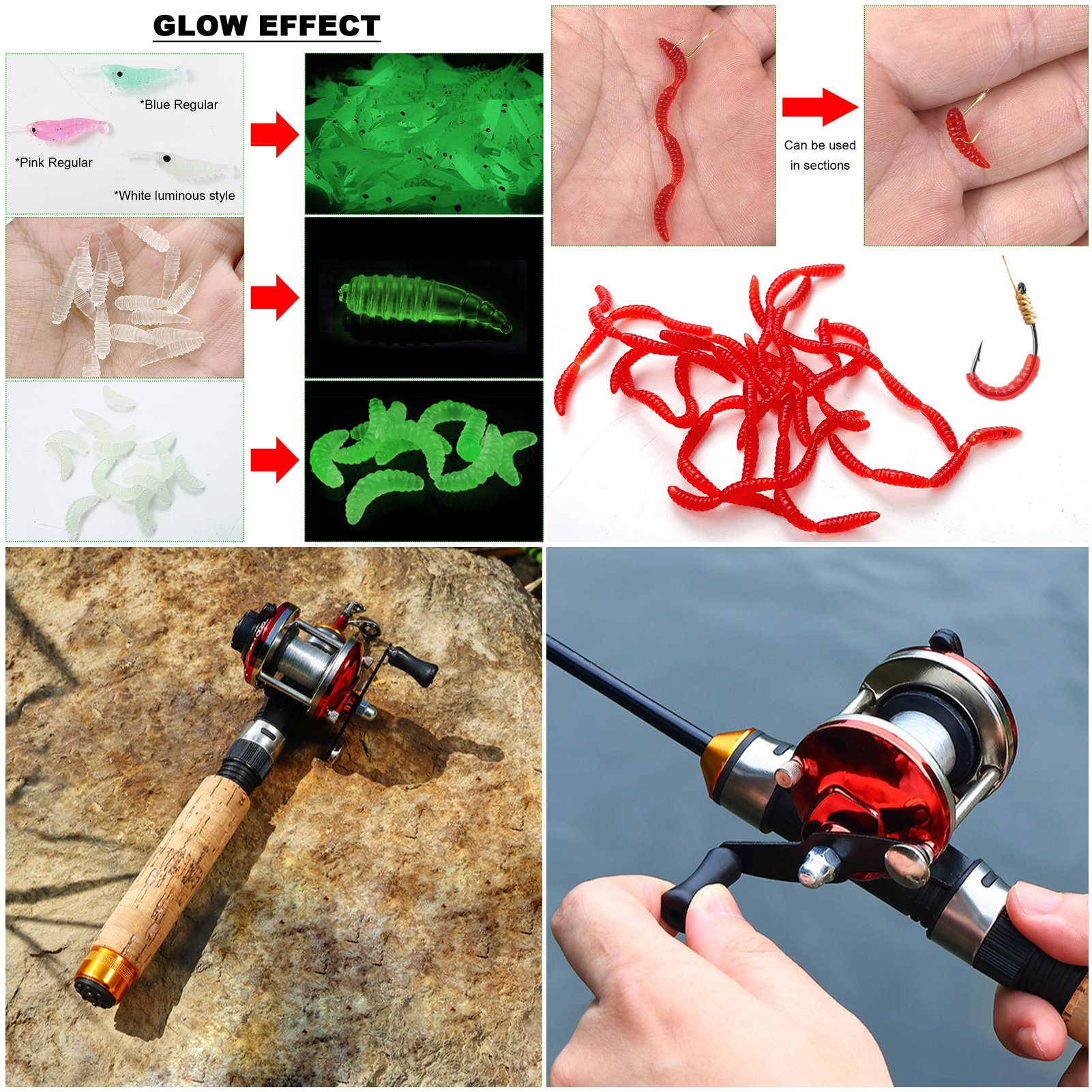 FREE FISHER Ice Fishing Rod Reel Combo with 113pcs Ice Fishing Hooks Jig Head Fishhook Soft Shrimp Bug Lures VIB Baits for Winter Fishing