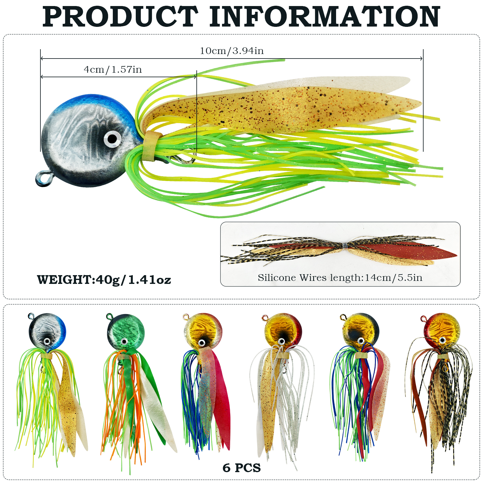 FREE FISHER 6pcs/Lot Sea Fishing Jig Head Lures with Silicone Skirts,4cm 40g Jerkbait Artificial Lures,Iron Plate Trolling Baits 