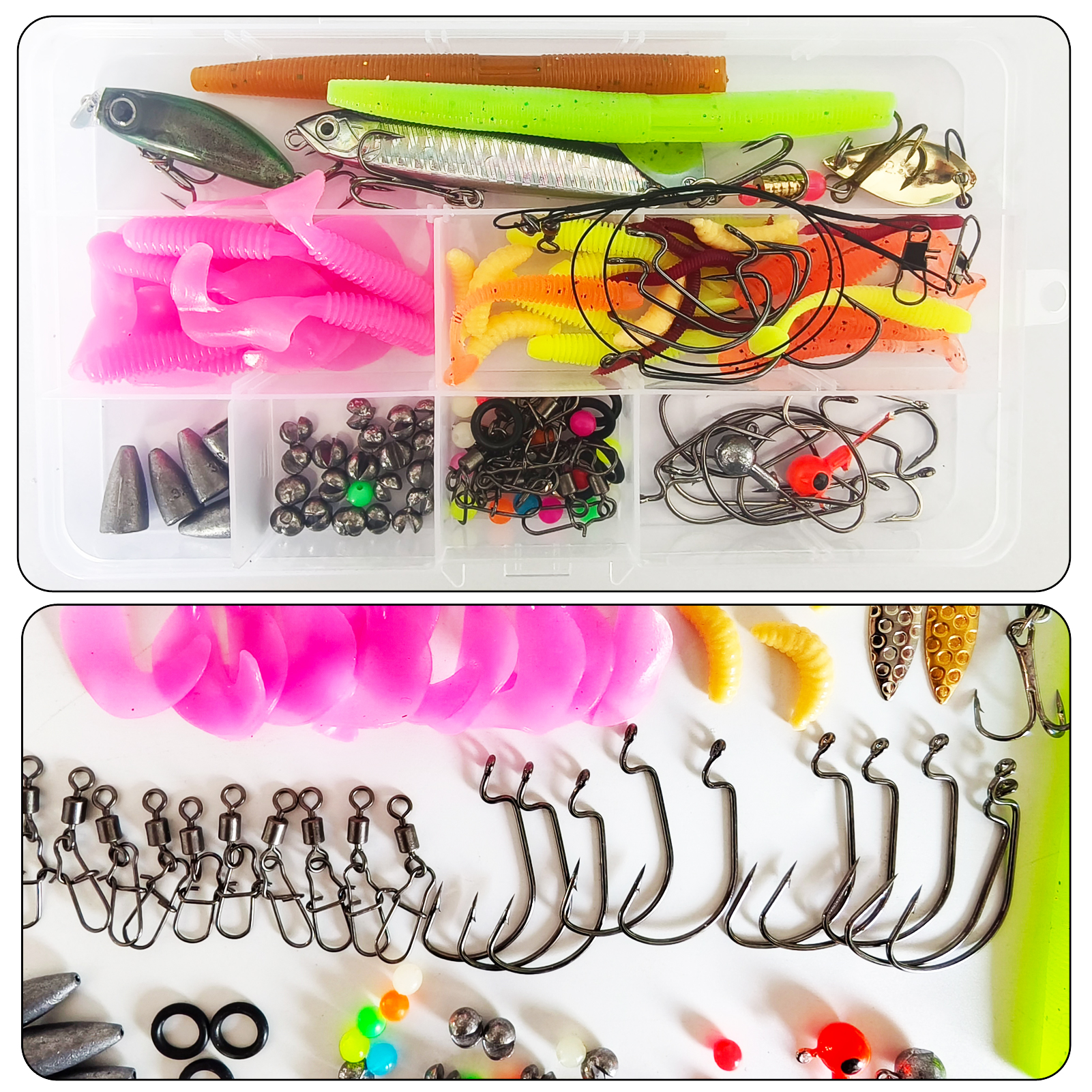 FREE FISHER 114pcs Fishing Lures Kit with Box,Soft Worms Hard Baits,Crankhooks Swivels Beads,Spinners Fishing Weights Sinkers for Bass Pike
