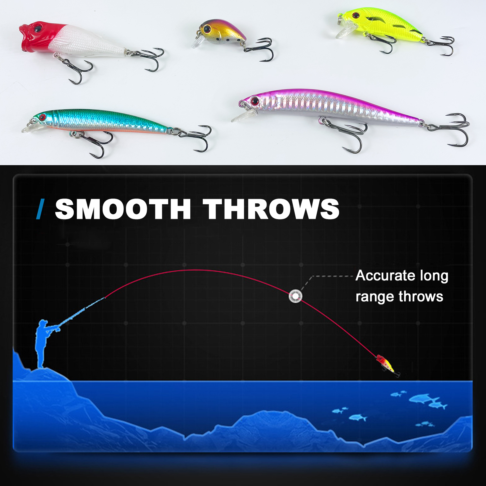 FREE FISHER Fishing Hard Lures Kit,43pcs/Lot Mixed Minnows,Crankbaits Poppers,Bass Fishing Baits,Simulated Artificial Lures Set