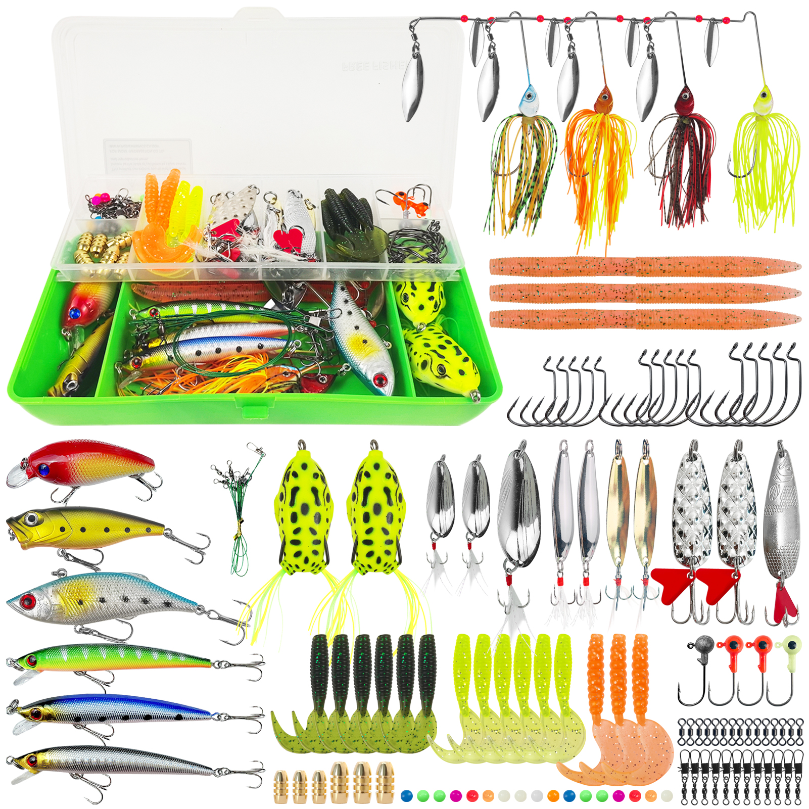 FREE FISHER 114pcs/Lot Fish Lures Kit,Baits Accessories,Soft Lure Jig Hooks,Fishing Weights Sinkers,Sea Fishing Tackle Gear Box 