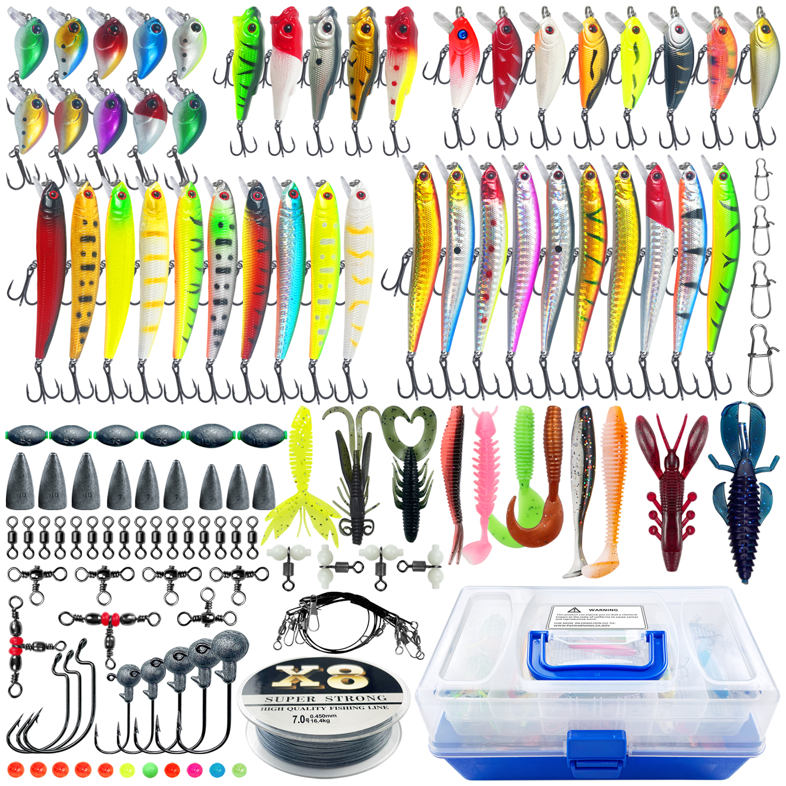 FREE FISHER 271pcs/Box Freshwater Lures Kit,Fishing Hard Baits,Mixed Artificial Lures Soft Worms,Sinkers Swivels Line Fishing Accessories Set