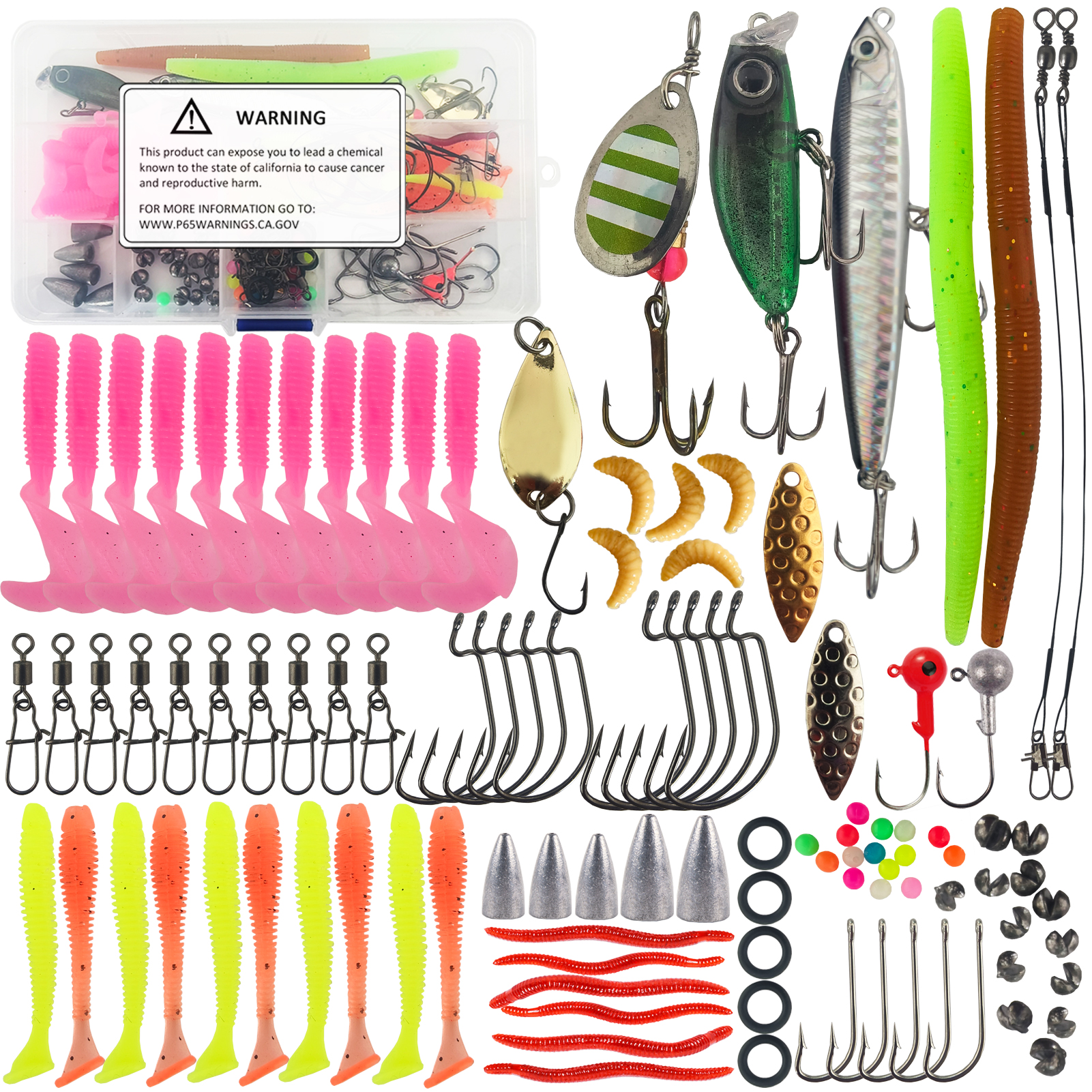 FREE FISHER 114pcs Fishing Lures Kit with Box,Soft Worms Hard Baits,Crankhooks Swivels Beads,Spinners Fishing Weights Sinkers for Bass Pike