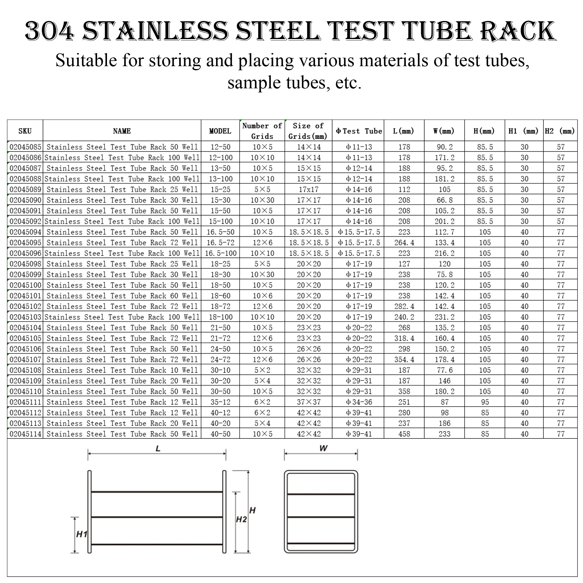 ADAMAS-BETA Stainless Steel Test Tube Rack Various Specifications Grid Arrangement Lab Tube Holder 10-100 Well 