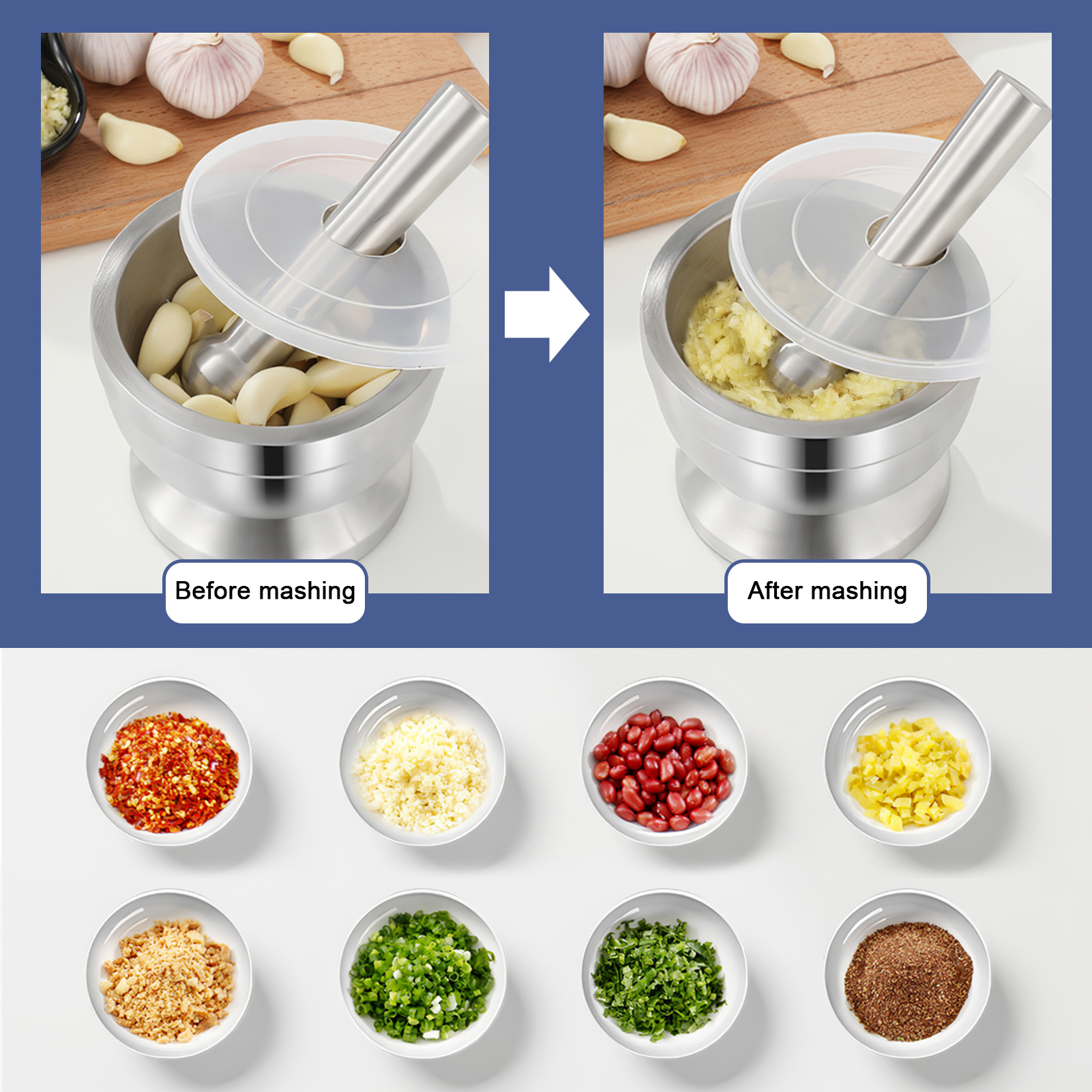 ADAMAS-BETA Lab 304 Stainless Steel Mortar Pestle Set 85mm 98mm with Grinding Rod Holed Dustproof Cover for Laboratory Tamping/Grinding