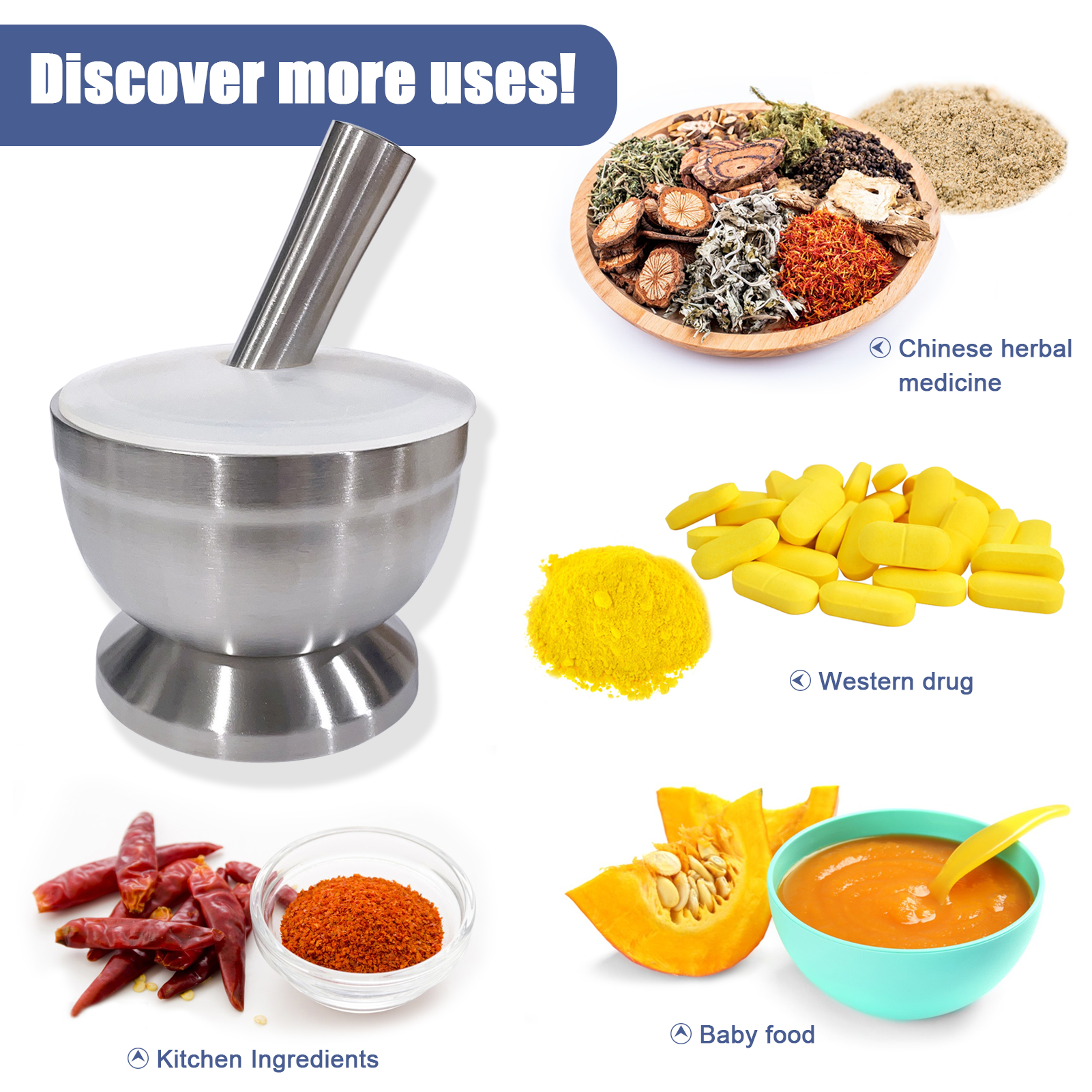 ADAMAS-BETA Lab 304 Stainless Steel Mortar Pestle Set 85mm 98mm with Grinding Rod Holed Dustproof Cover for Laboratory Tamping/Grinding