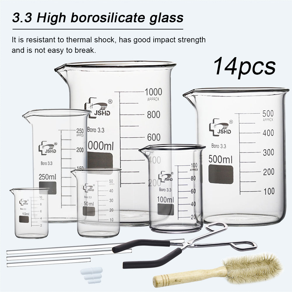 ADAMAS BETA 3.3 Boro Glass Beaker Set 5-14pcs Low Form with Spout Lab Measuring Cup Graduated 10-1000ml Beaker Clamp/Brush/Glass Stirring Rod