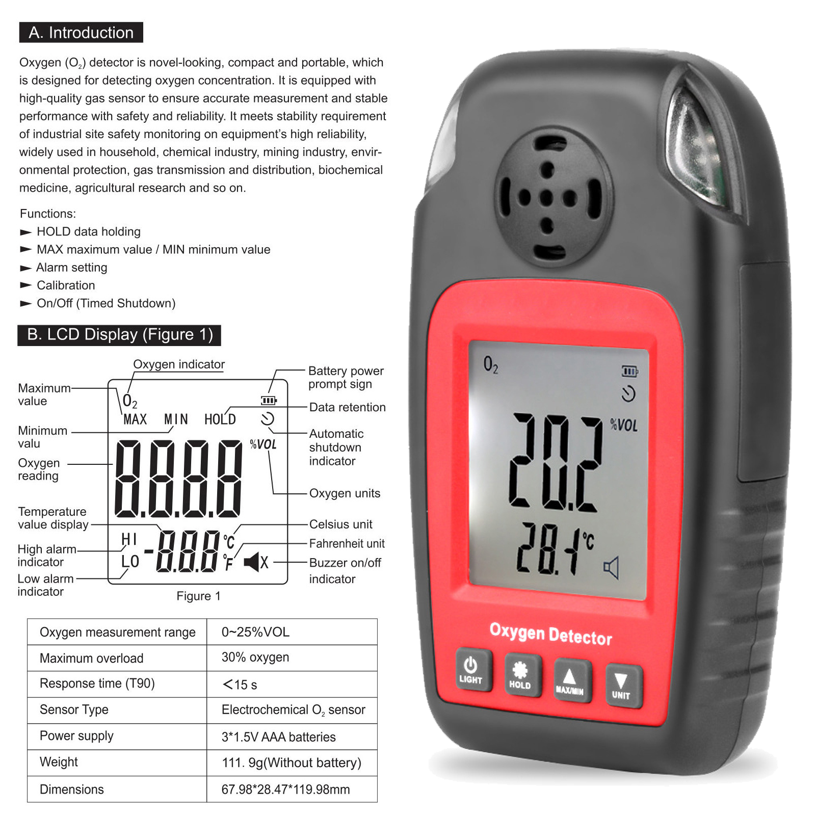 ADAMAS-BETA Lab Equipment Oxygen Detector Independent Gas Sensor Warning-up High Sensitive Poisoning Alarm Portable Oxygen Concentration Detector 