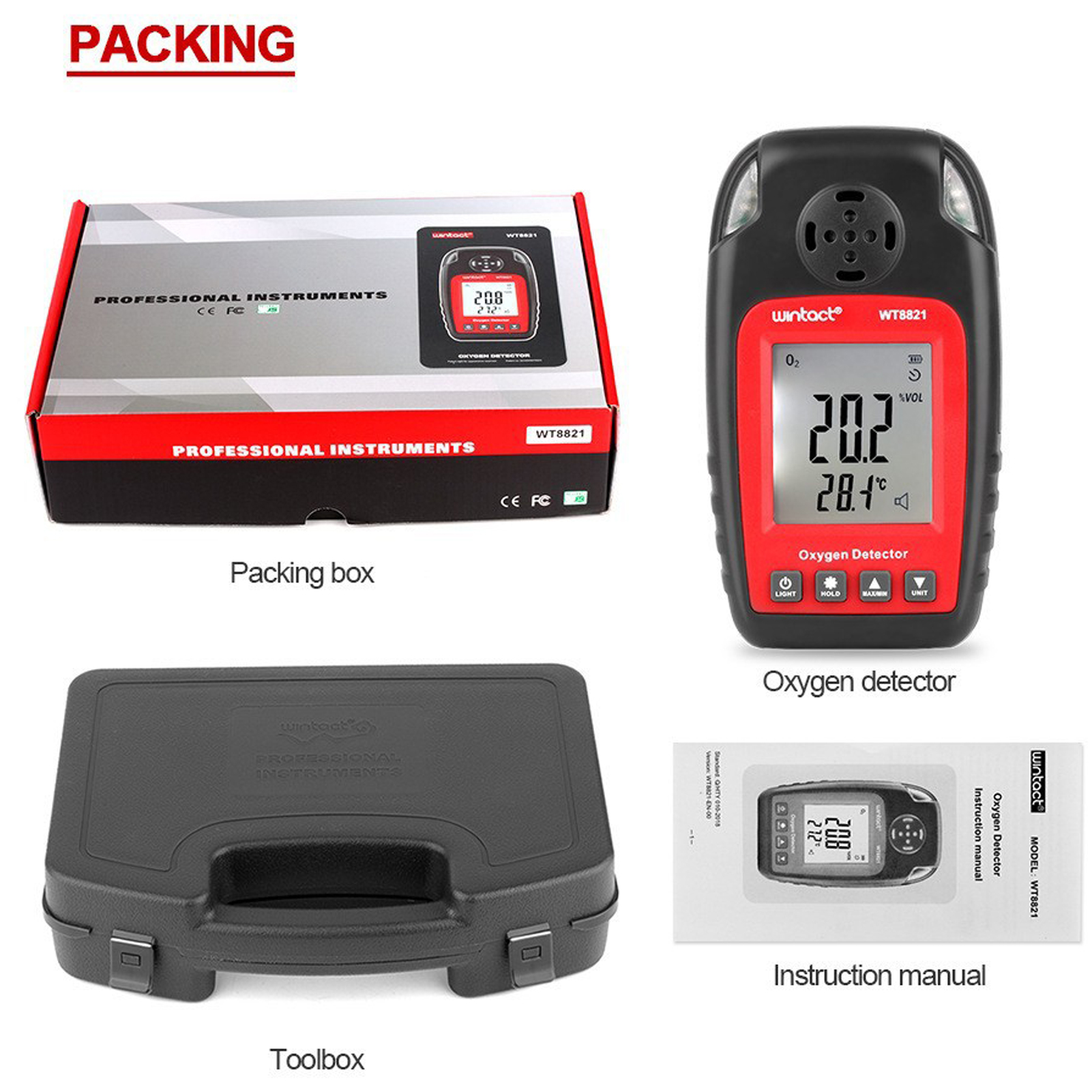 ADAMAS-BETA Lab Equipment Oxygen Detector Independent Gas Sensor Warning-up High Sensitive Poisoning Alarm Portable Oxygen Concentration Detector 