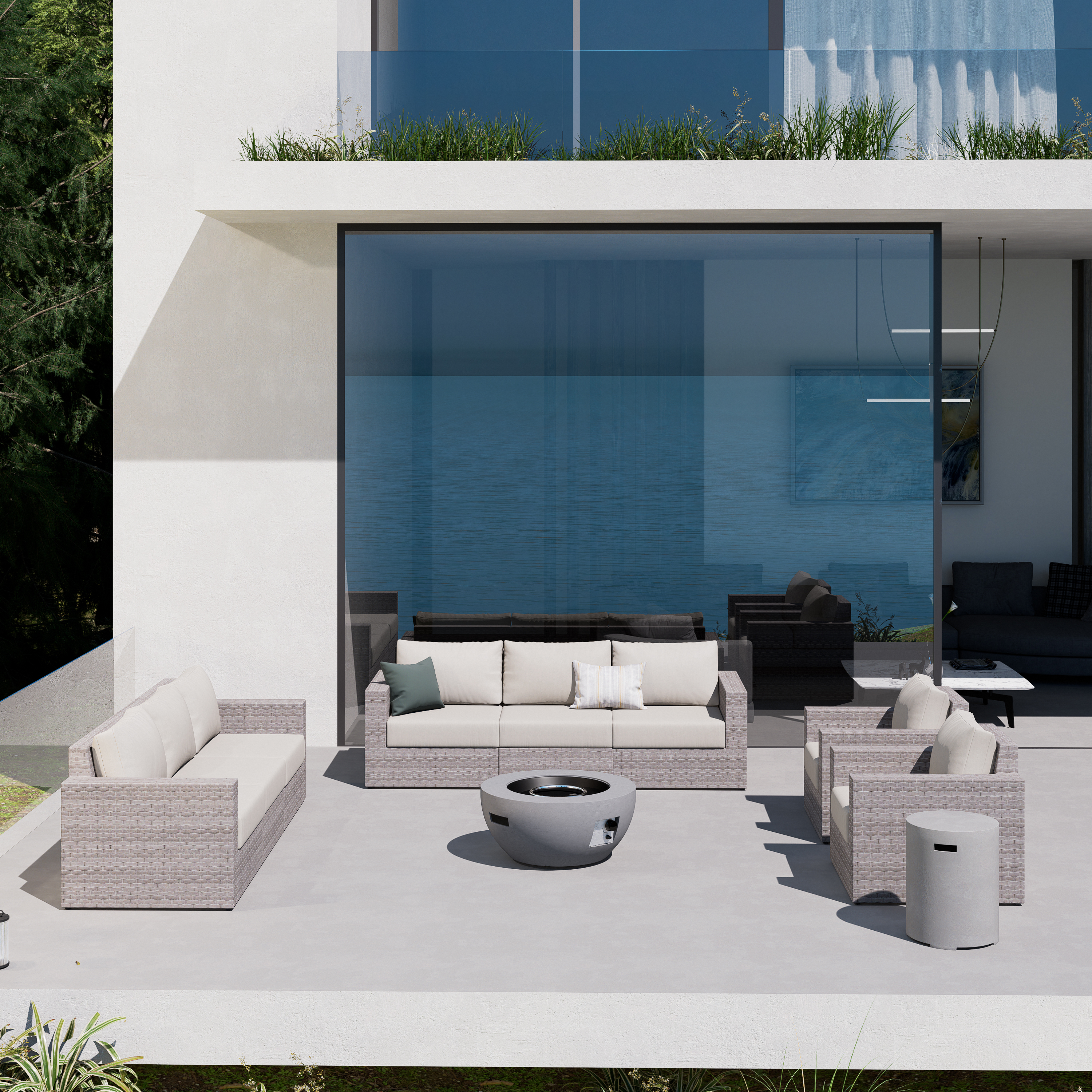 AVALON 10 Piece Wicker Sectional Sofa Set With Fire table-Egg - 8 Seat