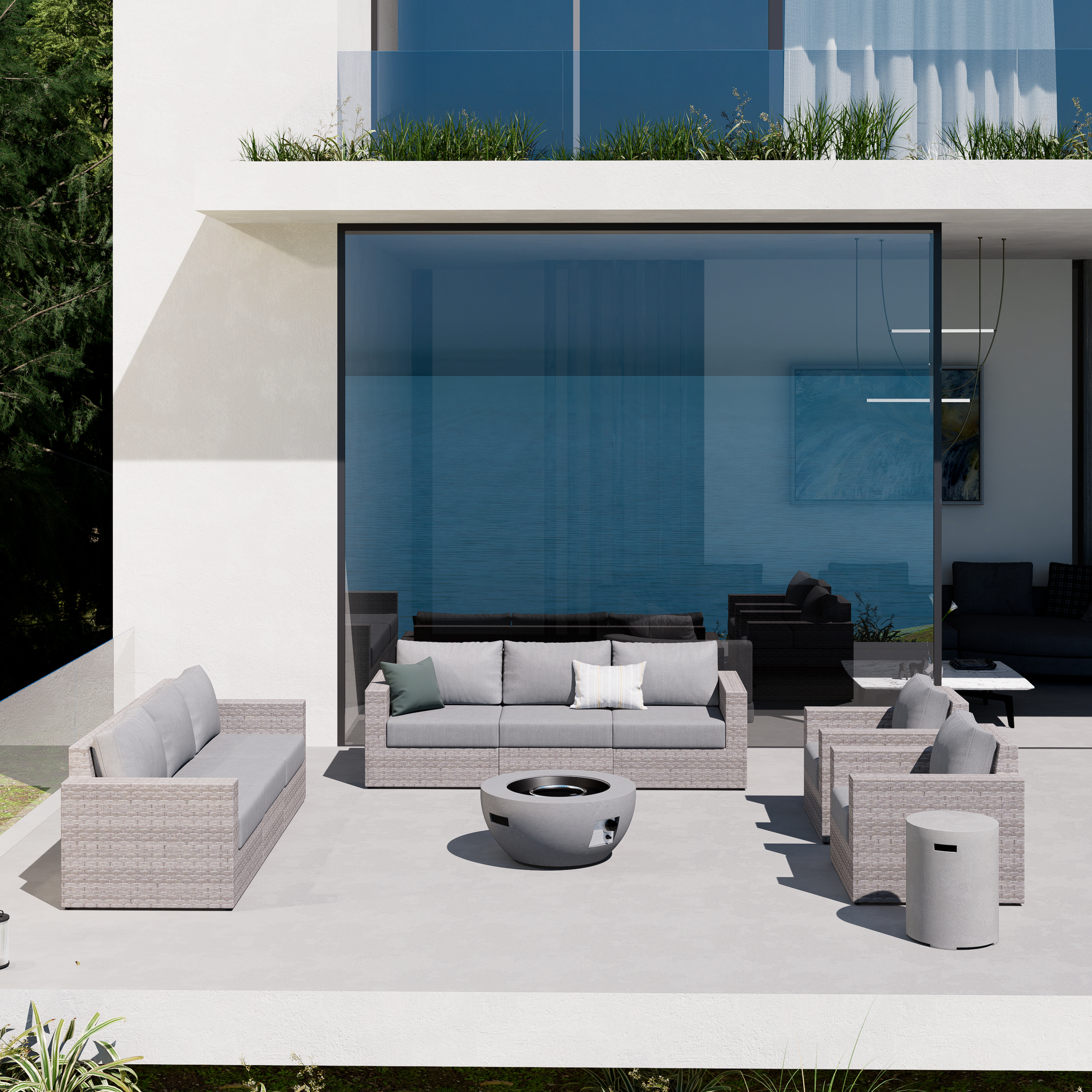 AVALON 10 Piece Wicker Sectional Sofa Set With Fire table-Egg - 8 Seat