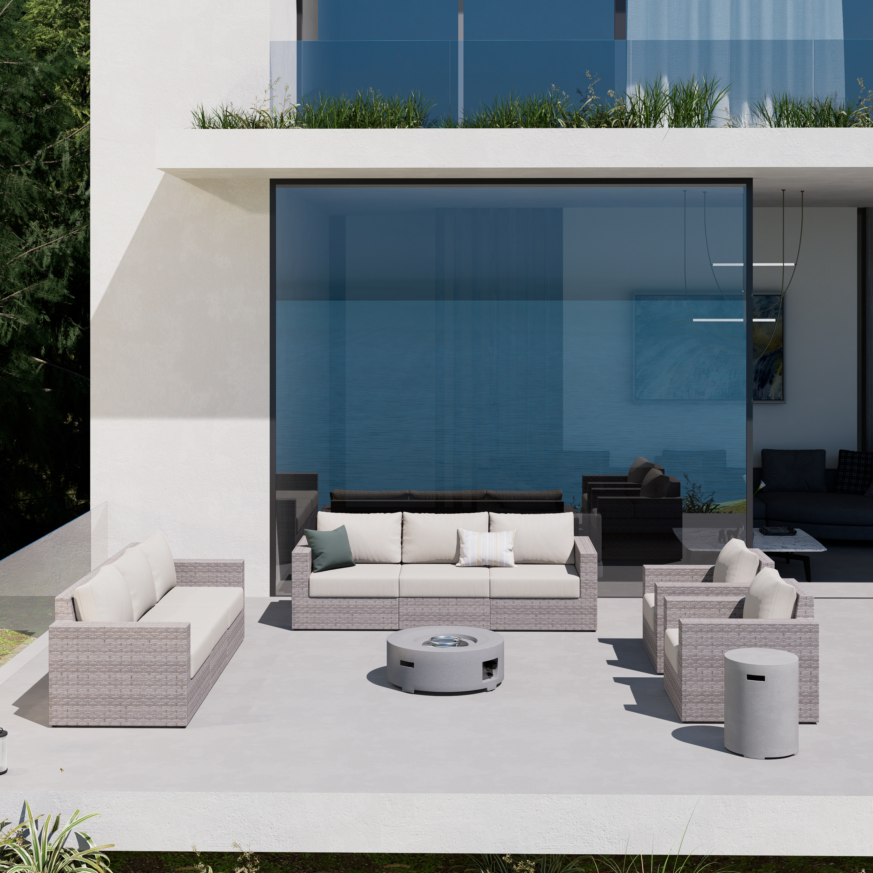 AVALON 10 Piece Wicker Conversation Sofa Set With Fire table-Cylinder - 8 Seat