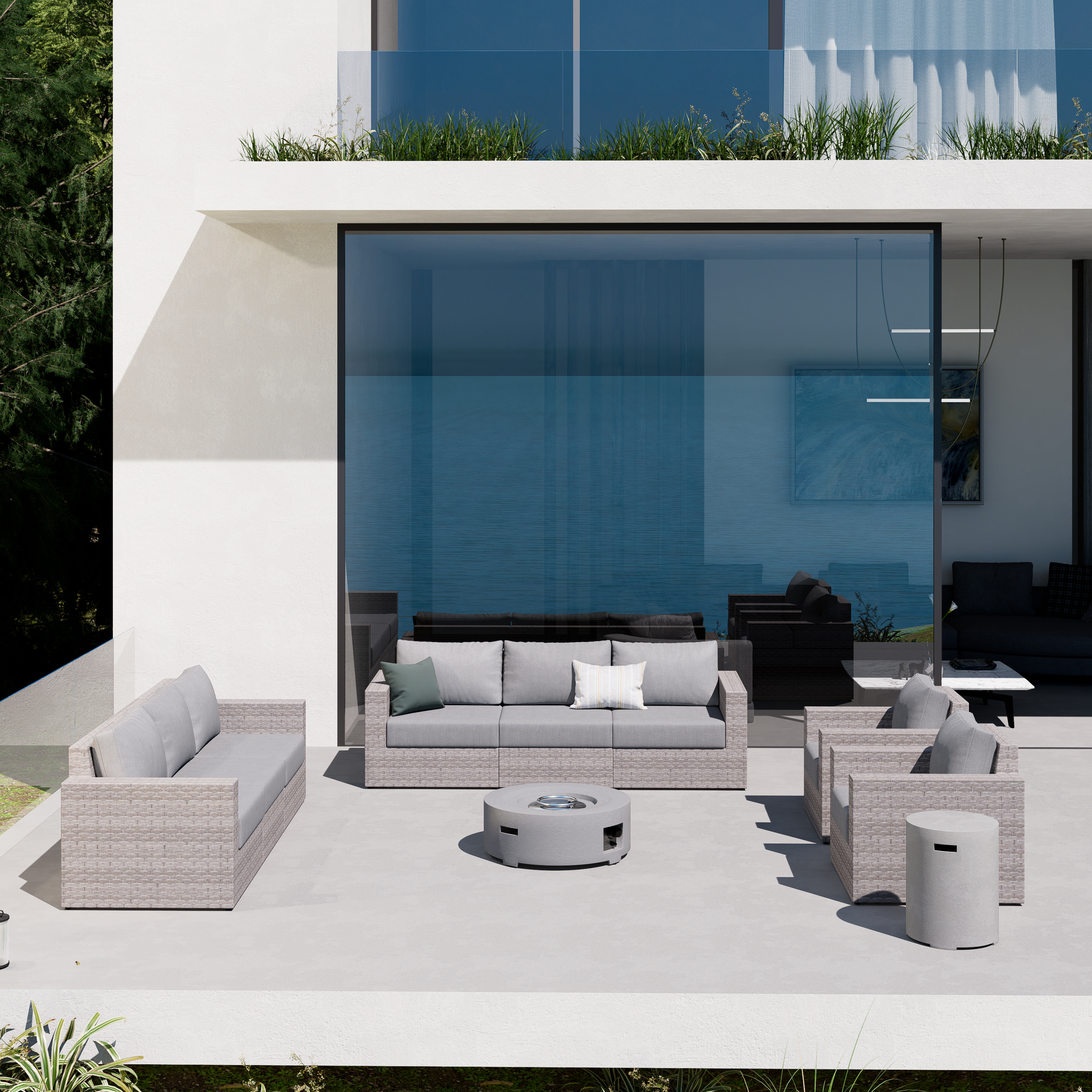 AVALON 10 Piece Wicker Conversation Sofa Set With Fire table-Cylinder - 8 Seat