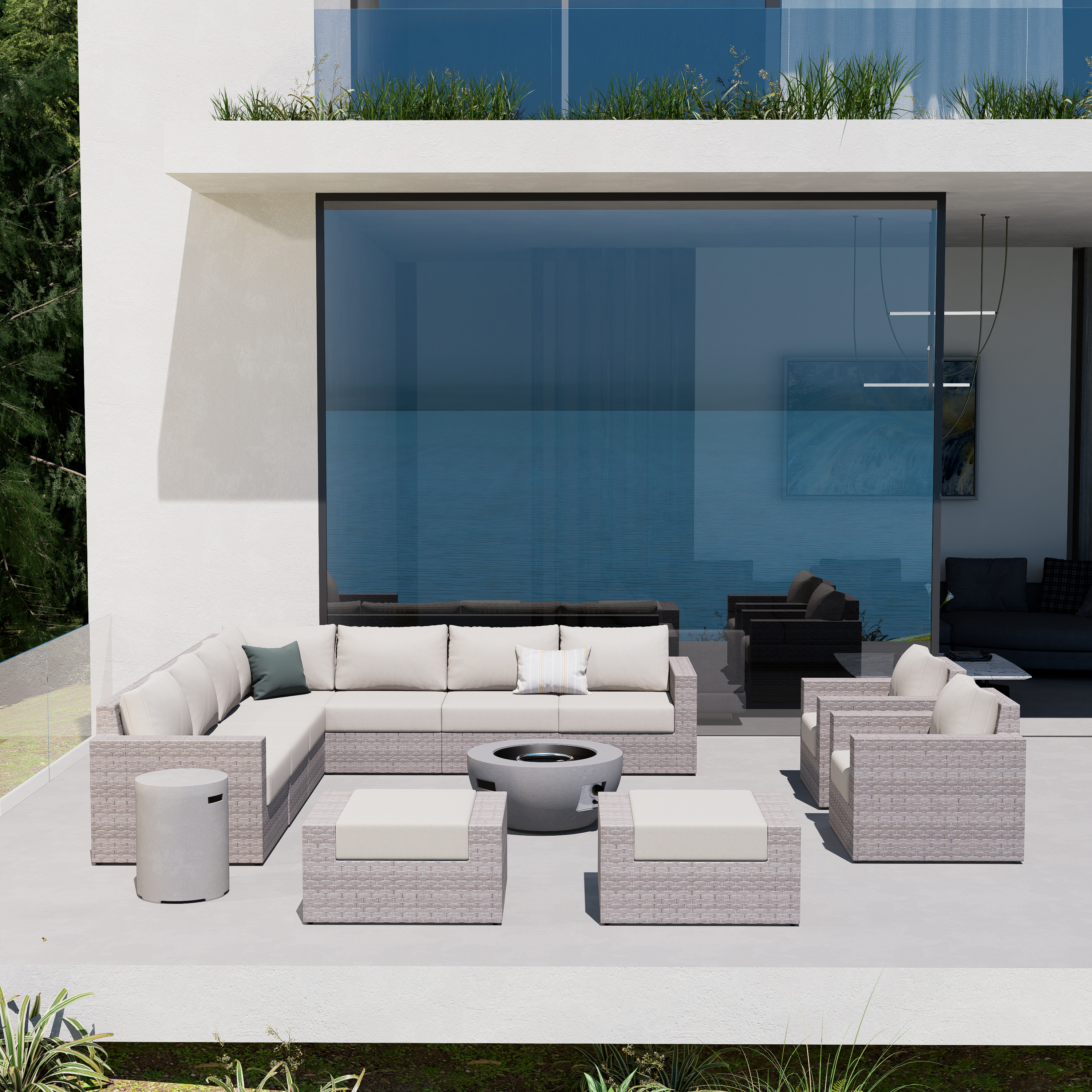 AVALON 13 Piece Wicker Conversation Sofa Set With Fire table-Egg - 8 Seat