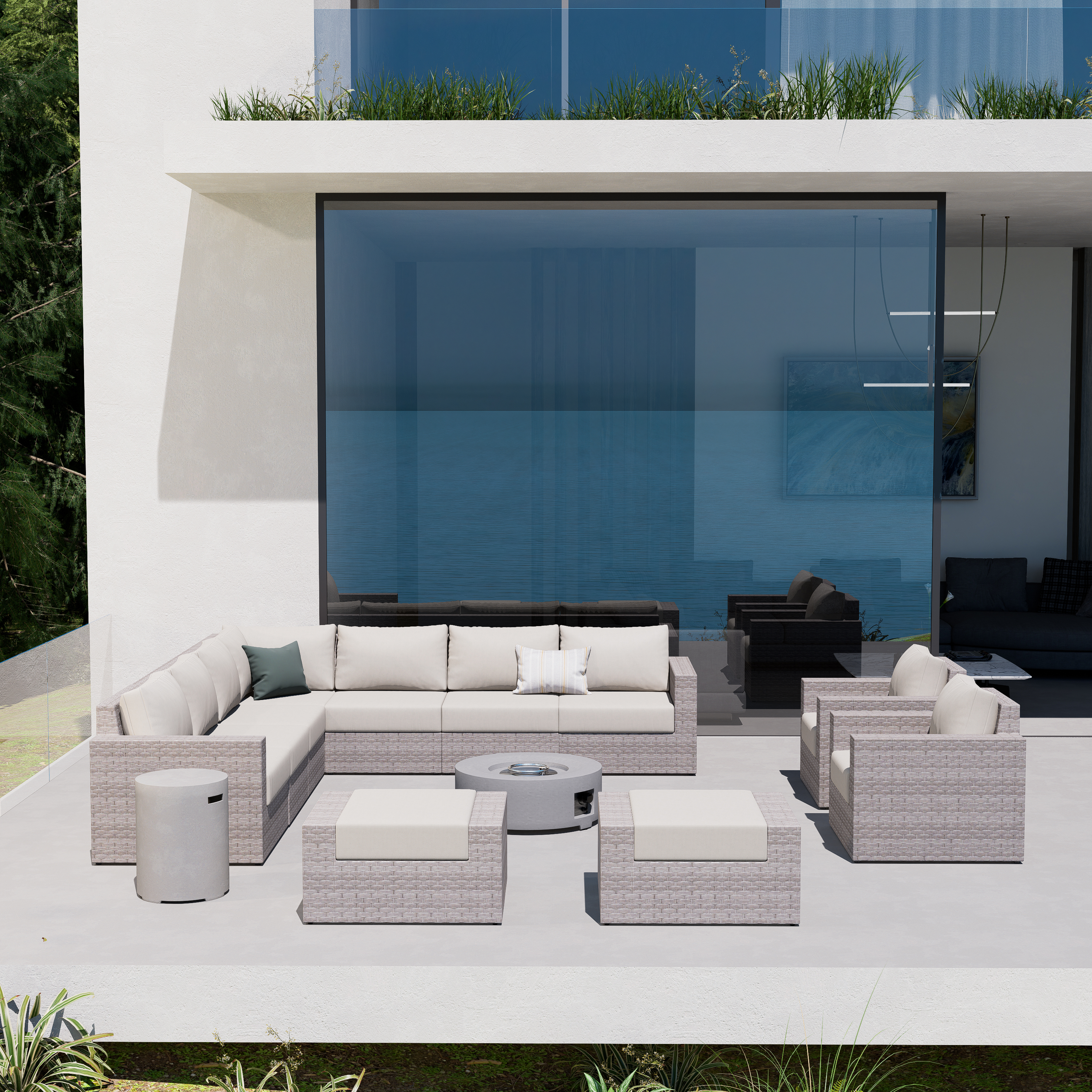 AVALON 13 Piece Wicker Conversation Sofa Set With Fire table-Cylinder - 8 Seat