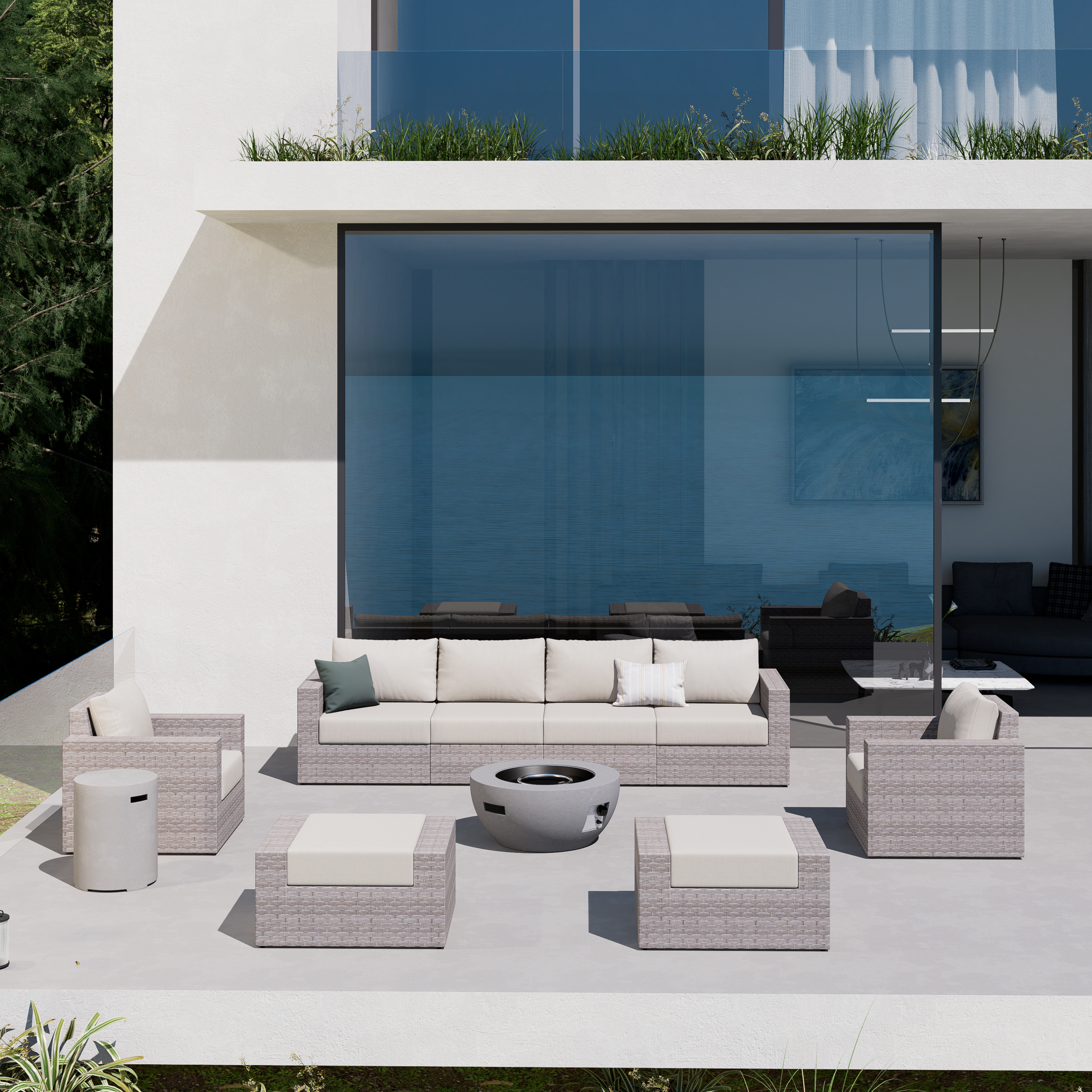 AVALON 10 Piece Wicker Conversation Sofa Set With Fire table-Egg - 6 Seat