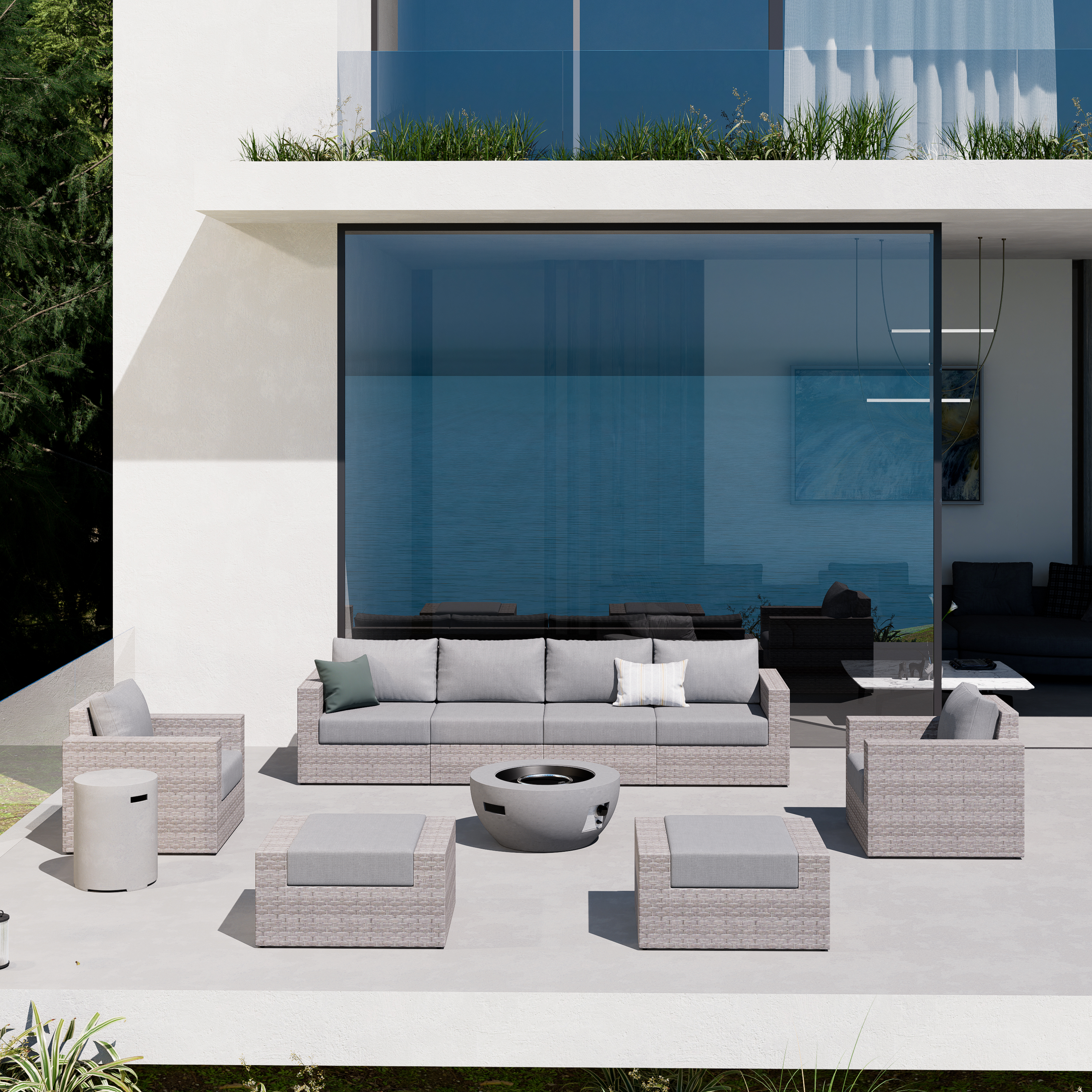 AVALON 10 Piece Wicker Conversation Sofa Set With Fire table-Egg - 6 Seat