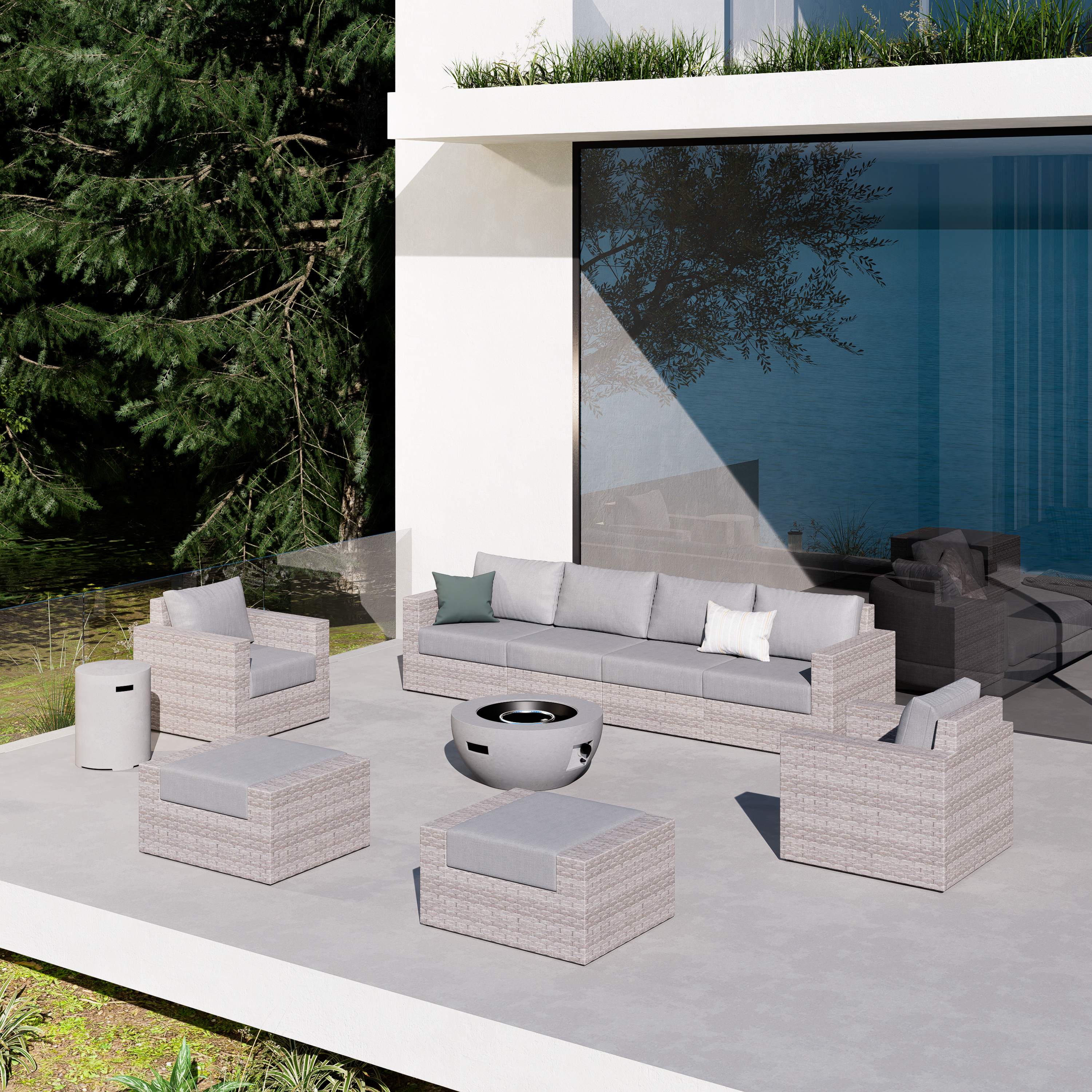 AVALON 10 Piece Wicker Conversation Sofa Set With Fire table-Egg - 6 Seat