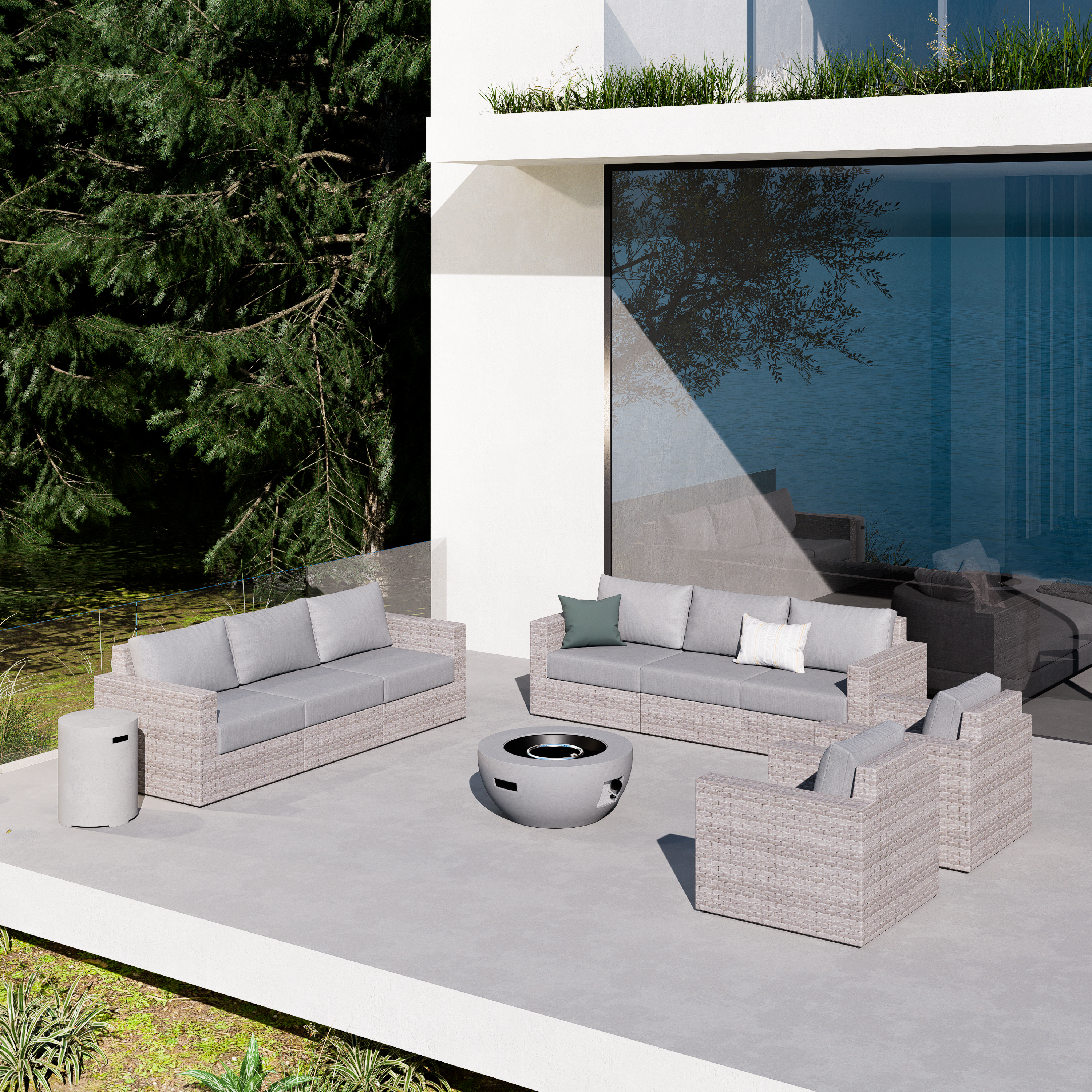 AVALON 10 Piece Wicker Sectional Sofa Set With Fire table-Egg - 8 Seat