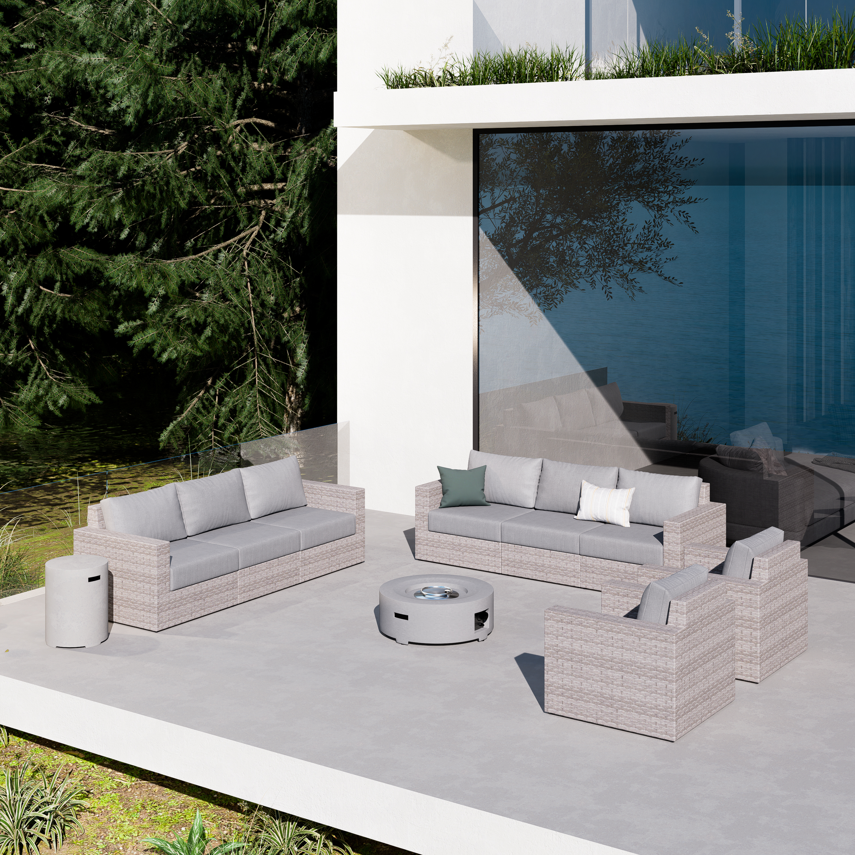 AVALON 10 Piece Wicker Conversation Sofa Set With Fire table-Cylinder - 8 Seat