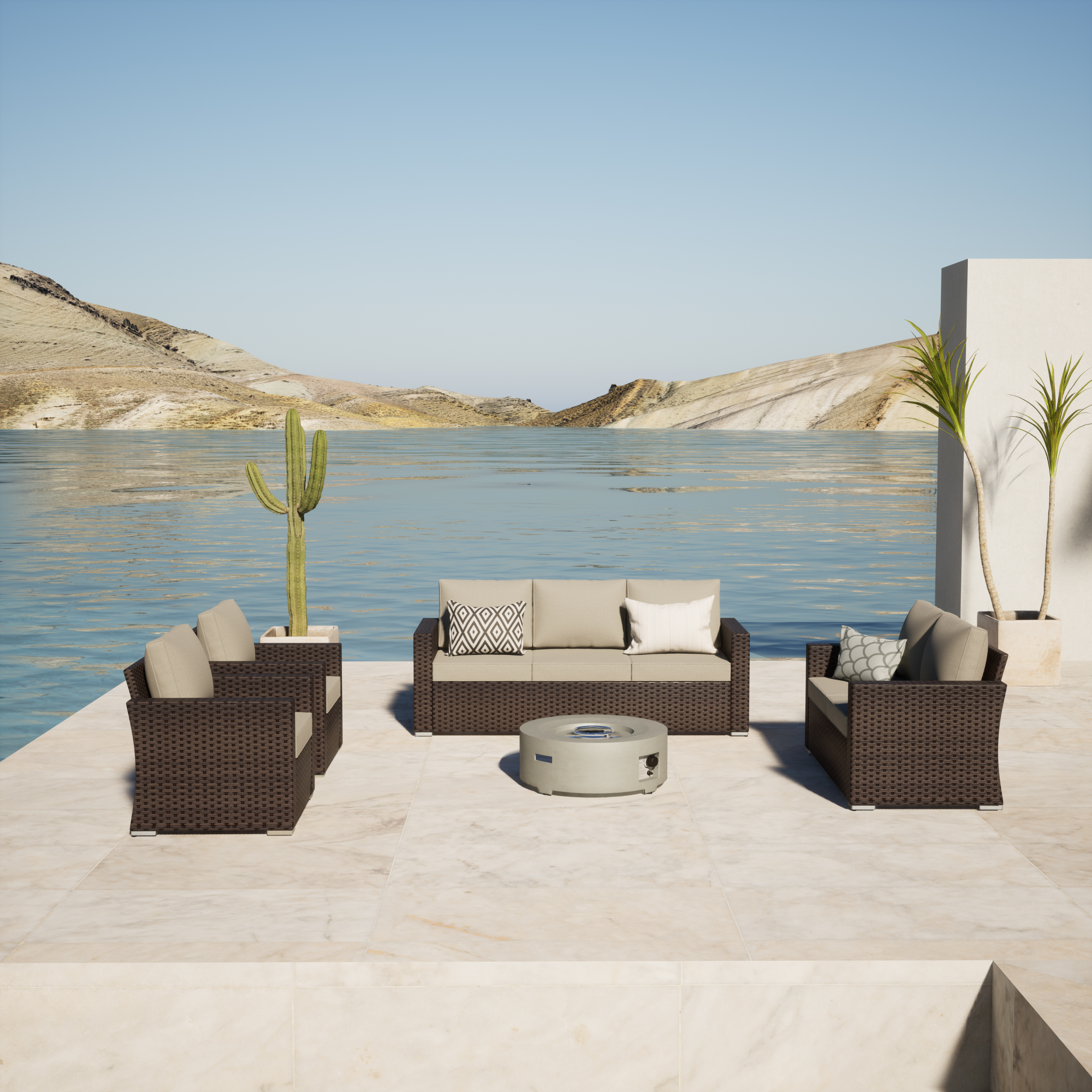 Eastlake 5 - Person Outdoor Seating Group with Cushions - Fire Table