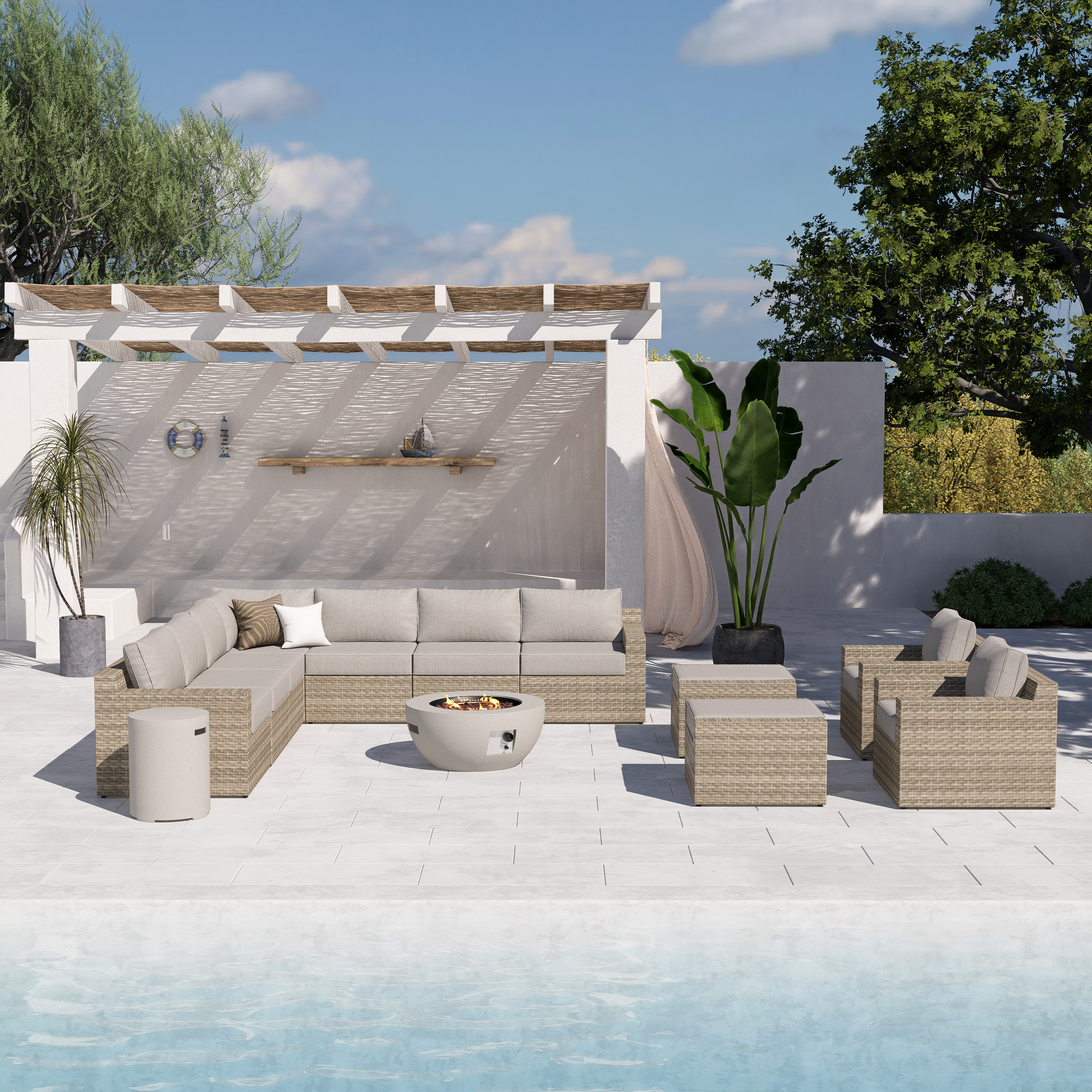 VENTURA 13 Piece Wicker Outdoor Conversation Sofa With Fire table-Egg